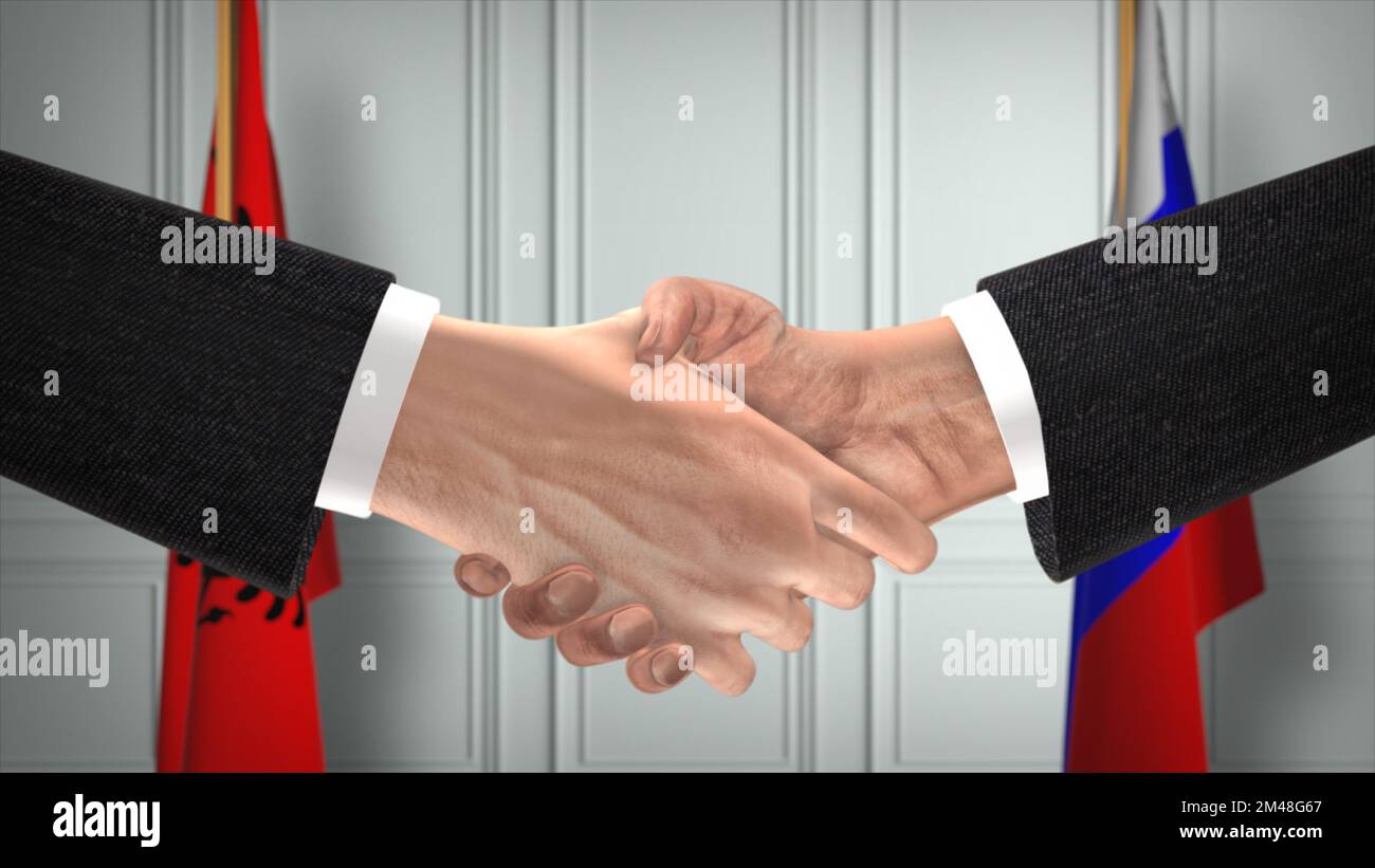Albania e Russia accordo stretta di mano, politica 3D illustrazione. Riunione ufficiale o cooperazione, riunione aziendale. Uomini d'affari o politici stringono le mani. Foto Stock