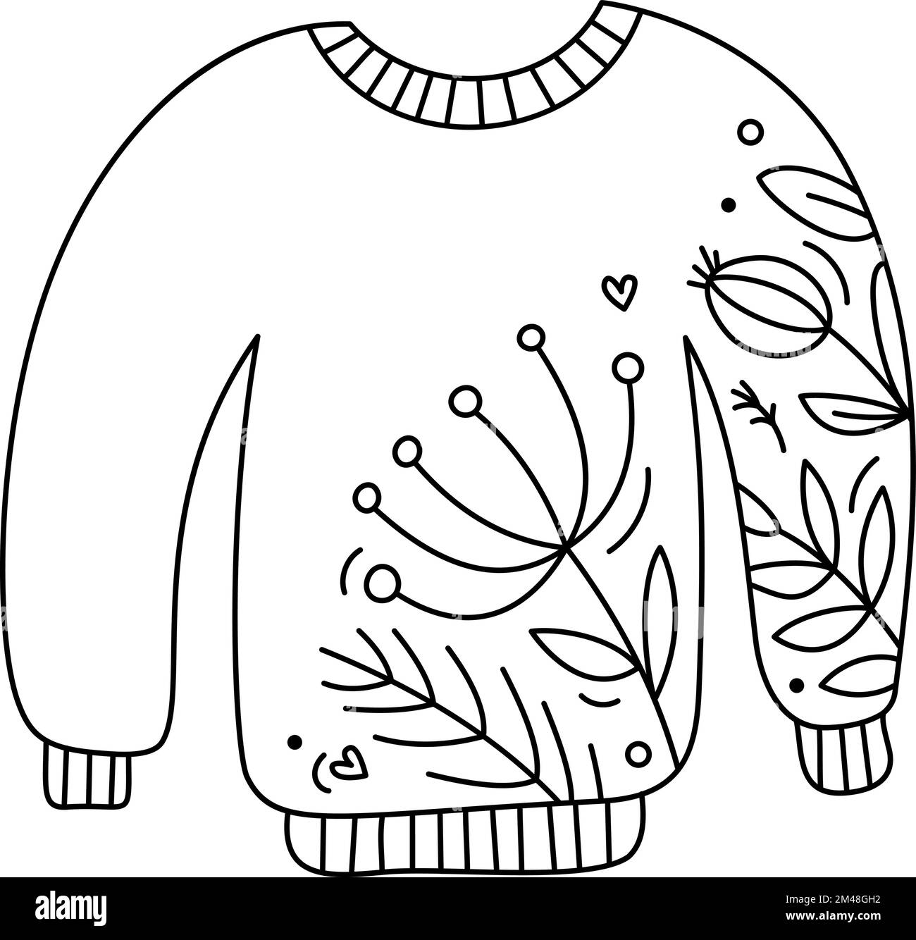 Cute mano disegnata bambino vettore Natale pullover. Immagine invernale di linea con bacche, struttura di rami. Icona dell'avvento di Natale illustrazione di contorno per il saluto Illustrazione Vettoriale