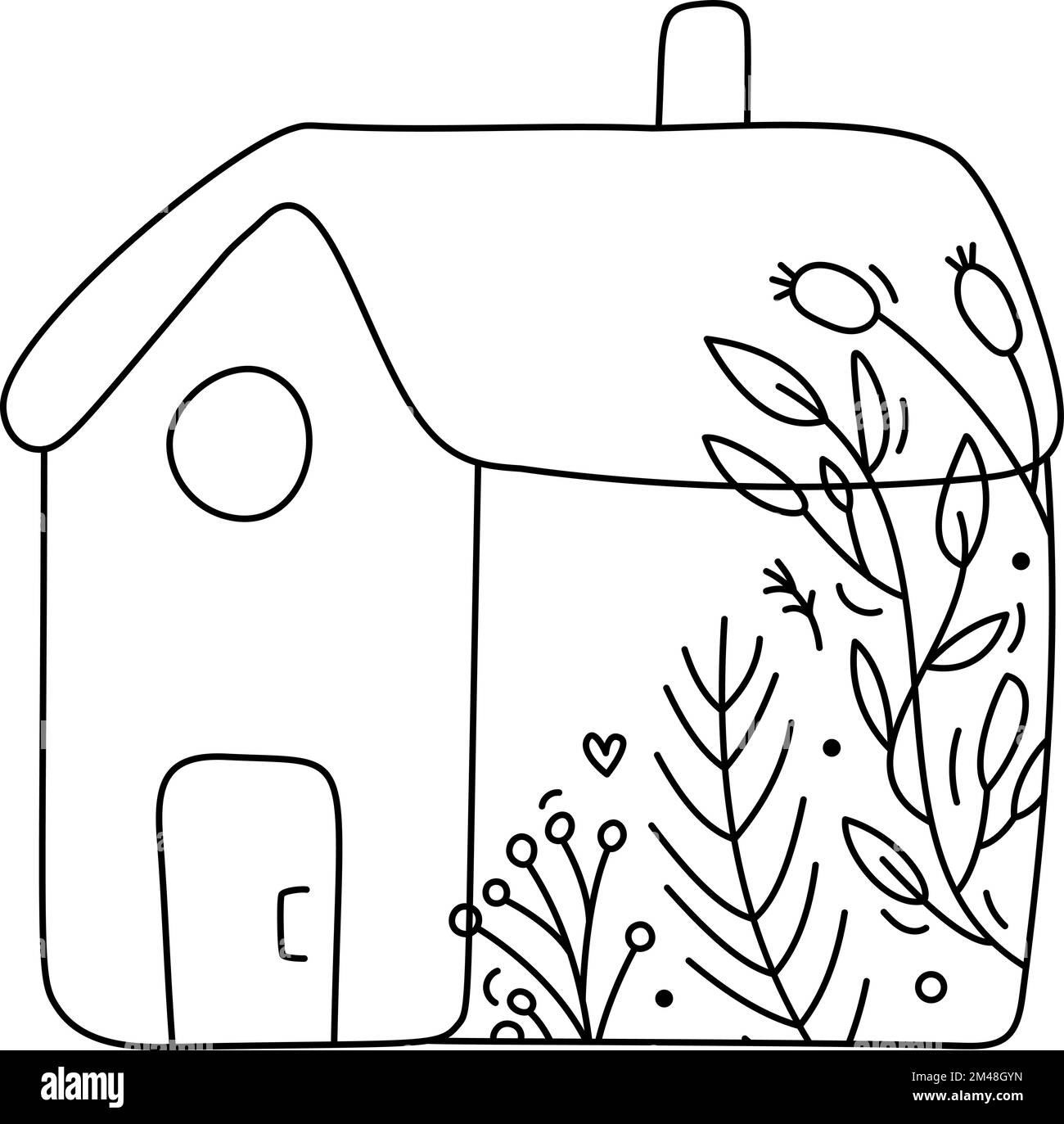 Cute mano disegnata bambino vettore casa di Natale. Immagine invernale di linea con bacche, struttura di rami. Xmas Avvento home icona illustrazione di contorno per il saluto Illustrazione Vettoriale