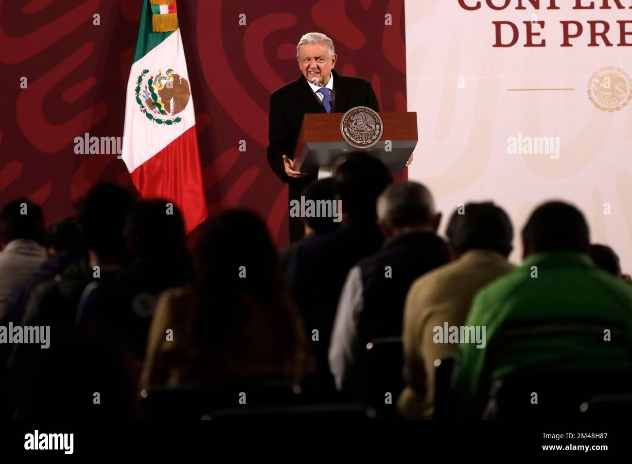 Città del Messico, Messico. 19th Dec, 2022. 19 dicembre 2022, Città del Messico, Messico: Il presidente messicano Andres Manuel Lopez Obrador durante una conferenza prima dei giornalisti al Palazzo Nazionale di Città del Messico, Messico il 19 dicembre 2022 a Città del Messico (Foto di Luis Barron/Eyepix Group/Sipa USA). Credit: Sipa USA/Alamy Live News Foto Stock