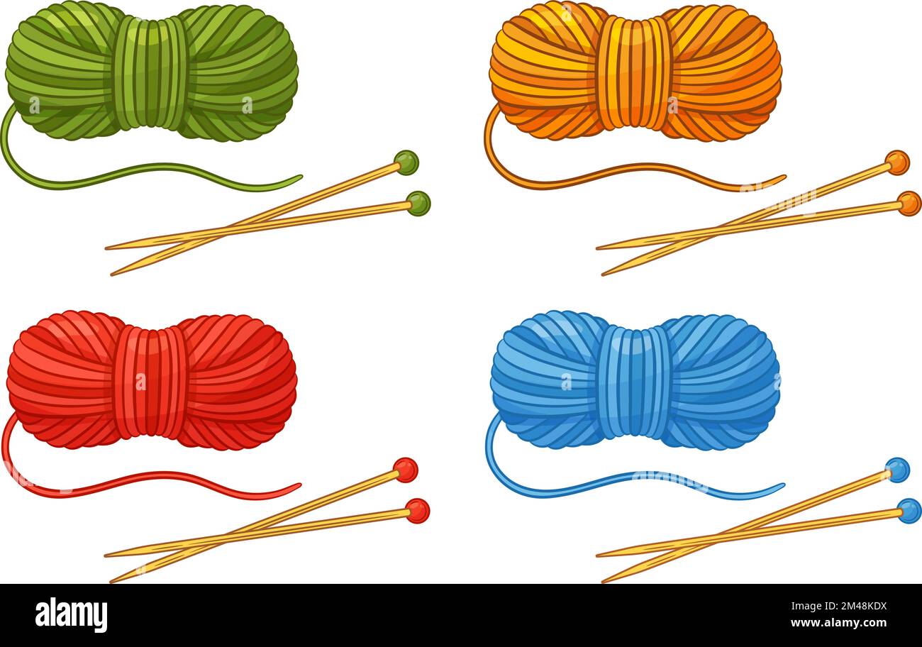 Matassa filo di lana, palla con aghi per maglieria Icon set. Rotolo di filamento con spacco in cotone. Maglia fatta a mano. Hobby della lavorazione ad ago. Vettore materiale maglia Illustrazione Vettoriale