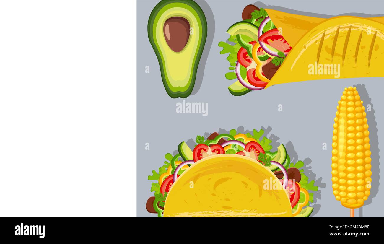 Tacos, burritos, mais e avocado. . Cucina messicana tradizionale. Illustrazione Vettoriale