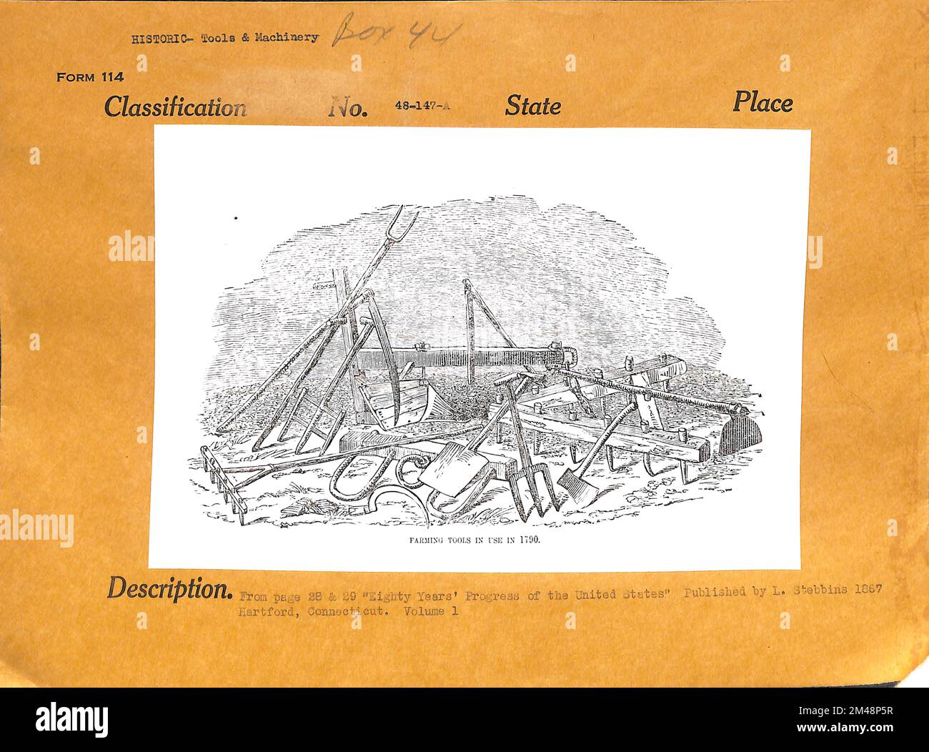 Attrezzi agricoli in uso in 1790. Didascalia originale: Dalle pagine 28 e 29 'ottanta anni' progresso degli Stati Uniti' pubblicato da L. Stebbins 1867. Hartford, Connecticut. Volume 1. Foto Stock