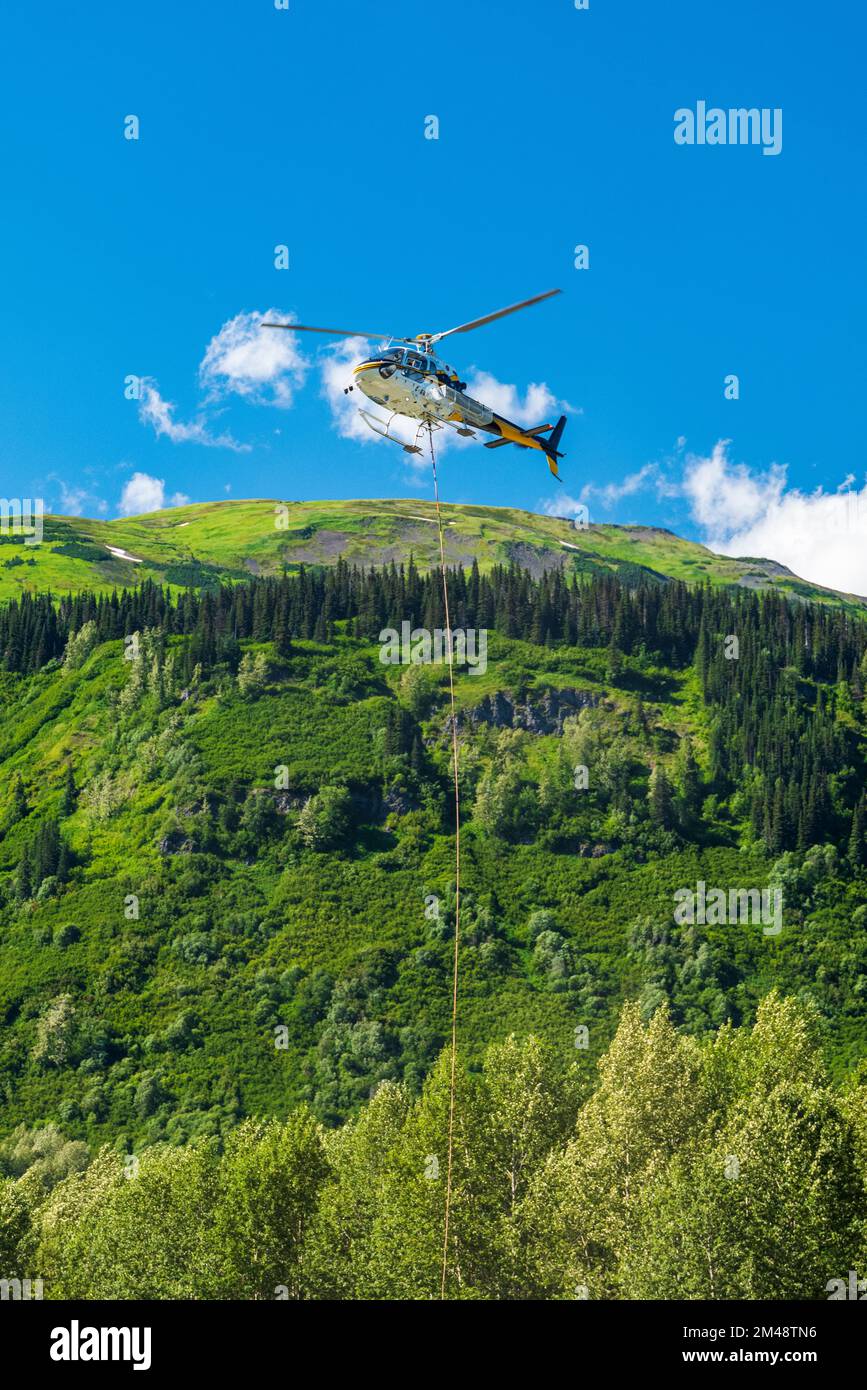 Elicottero che effettua trasporto in ascensore; Bell 2 Lodge; Stewart-Cassiar Highway; Oweegee Range; British Columbia; Canada Foto Stock