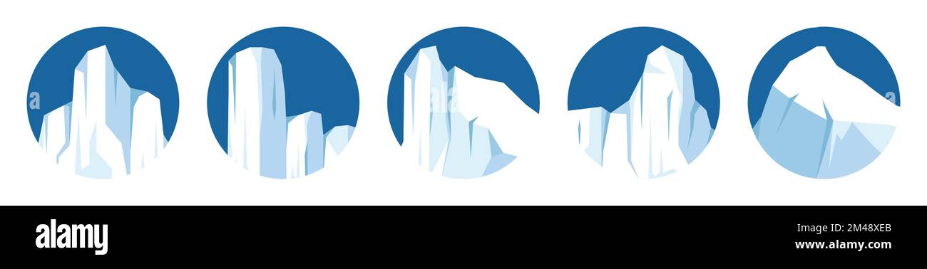 Collezione di icebergs galleggianti. Ghiacciaio di deriva artico, blocco di acqua ghiacciata dell'oceano. Montagne ghiacciate con neve. Picco di fusione del ghiaccio. Neve antartica Illustrazione Vettoriale