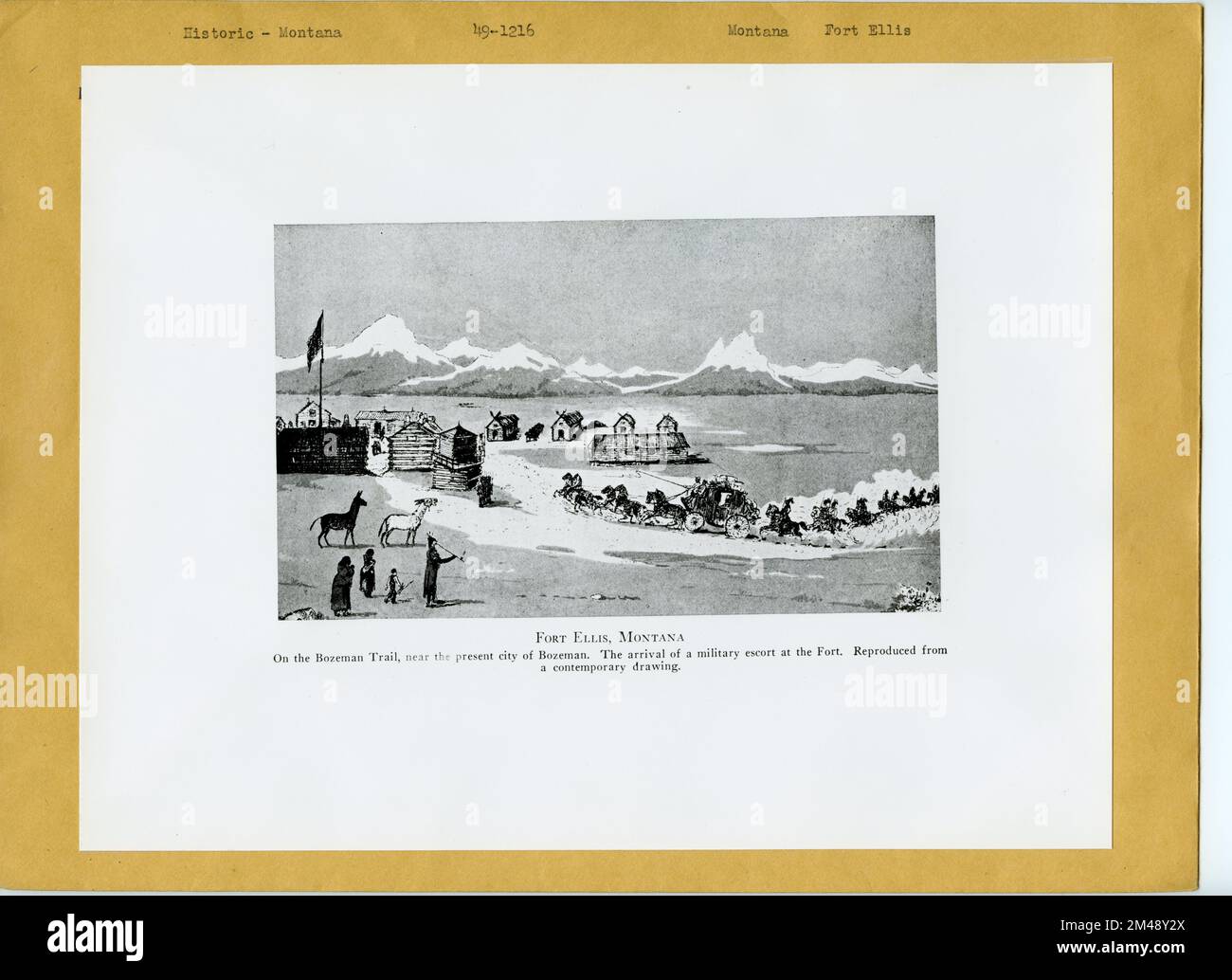 Sul sentiero Bozeman, vicino all'attuale città di Bozeman. Didascalia originale: Sul sentiero Bozeman, vicino all'attuale città di Bozeman. L'arrivo di una scorta militare al Forte. Riprodotta da un disegno contemporaneo. Stato: Montana luogo: Bozeman. Foto Stock