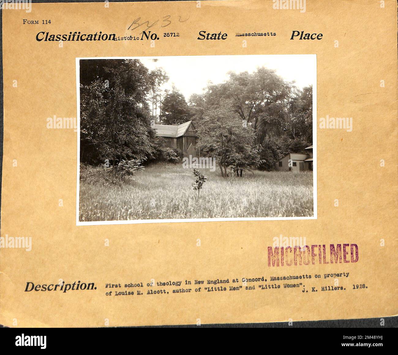 Prima Scuola di Teologia nel New England a Concord, Massachusetts. Didascalia originale: Prima scuola di teologia nel New England a Concord, Massachusetts, di proprietà di Louisa M. Alcott, autore di 'Little Men' e 'Little Women'. J. K. Hillers. 1928. Stato: Massachusetts. Foto Stock