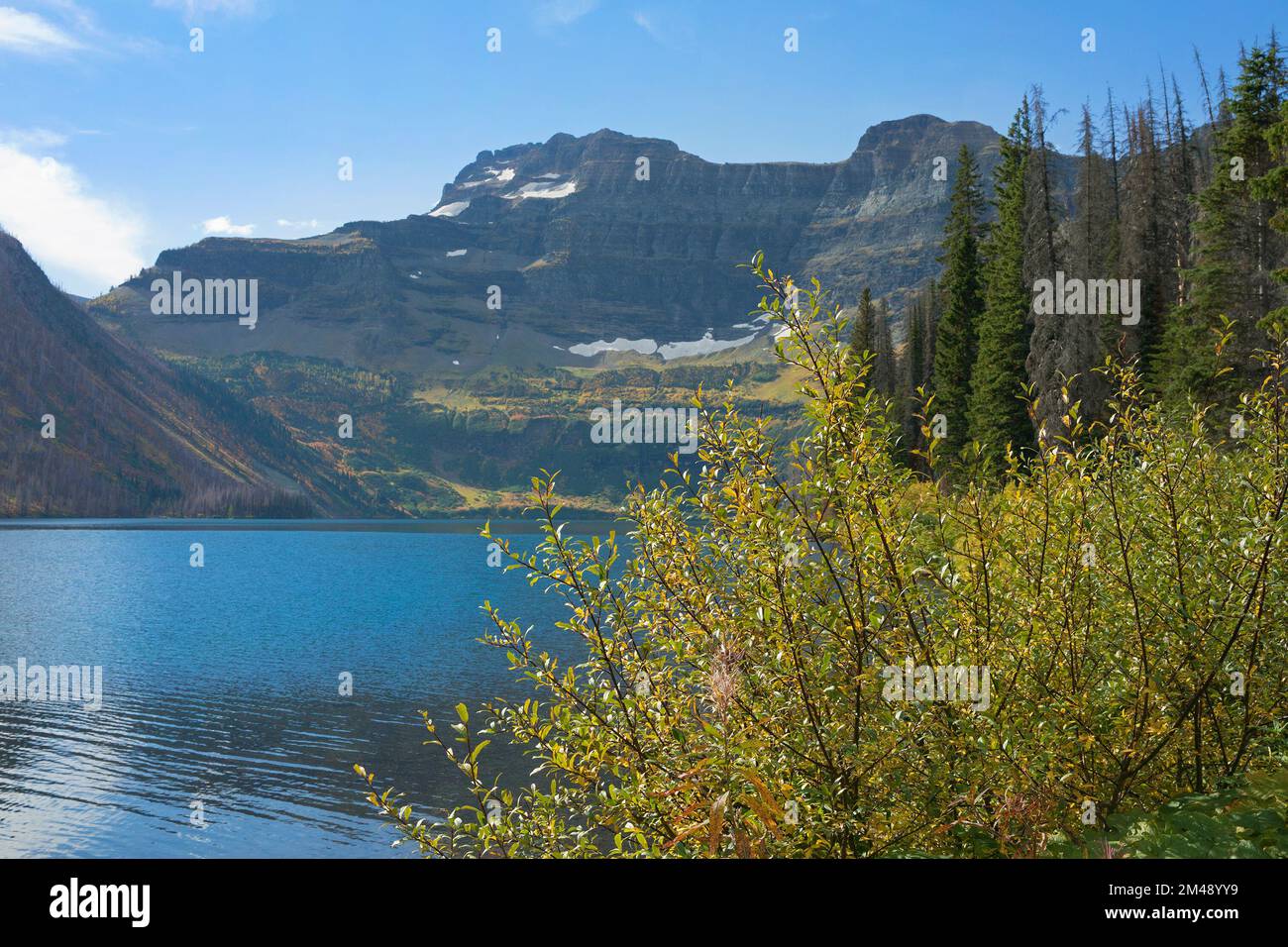 Cameron Lake, in un circo glaciale, e Monte Custer. Il lago attraversa il confine tra Stati Uniti e Canada nel Waterton Glacier International Peace Park Foto Stock