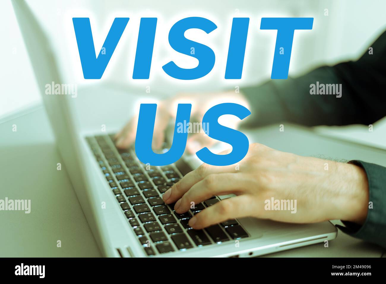 Mostra segni Visitaci. Invito all'approccio aziendale Guarda Una pagina web link alla Homepage Blog Internet Foto Stock