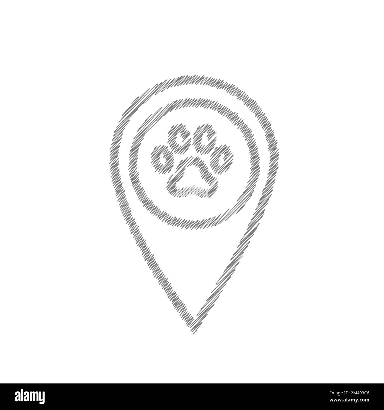 Paw bianco schizzo vettore icona Animali qui punto icona. Cartello con la mappa del negozio di animali domestici Illustrazione Vettoriale