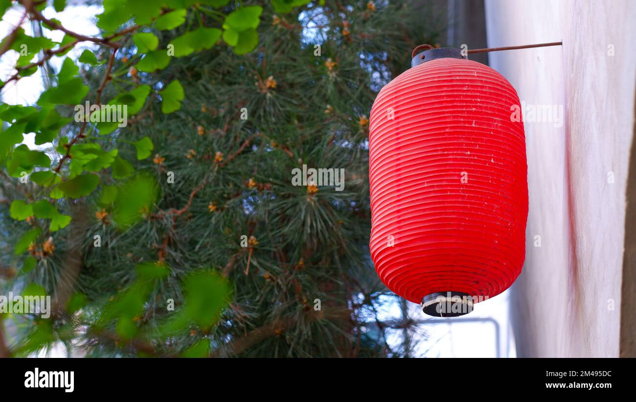 Lanterna rossa giapponese di carta sulla parete all'aperto. Tradizionale lanterna di carta in un giardino giapponese. Foto Stock