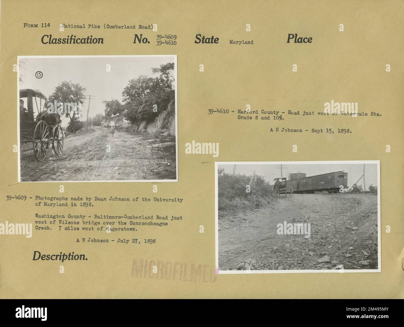 Contea di Washington e Contea di Harford. Didascalia originale (39-4609): Fotografie realizzate da Dean Johnson dell'Università del Maryland nel 1898. Contea di Washington - Baltimora-Cumberland Road appena ad ovest del ponte di Wilsons sopra il torrente Conococheague. 7 km circa a ovest di Hagerstown. A. N. Johnson - 27 luglio 1898. Didascalia originale (39-4610): Harford County - strada appena ad ovest di Watervale sta. Grado 8 e 10%%. A. N. Johnson - 15 settembre 1898. Stato: Maryland. Foto Stock