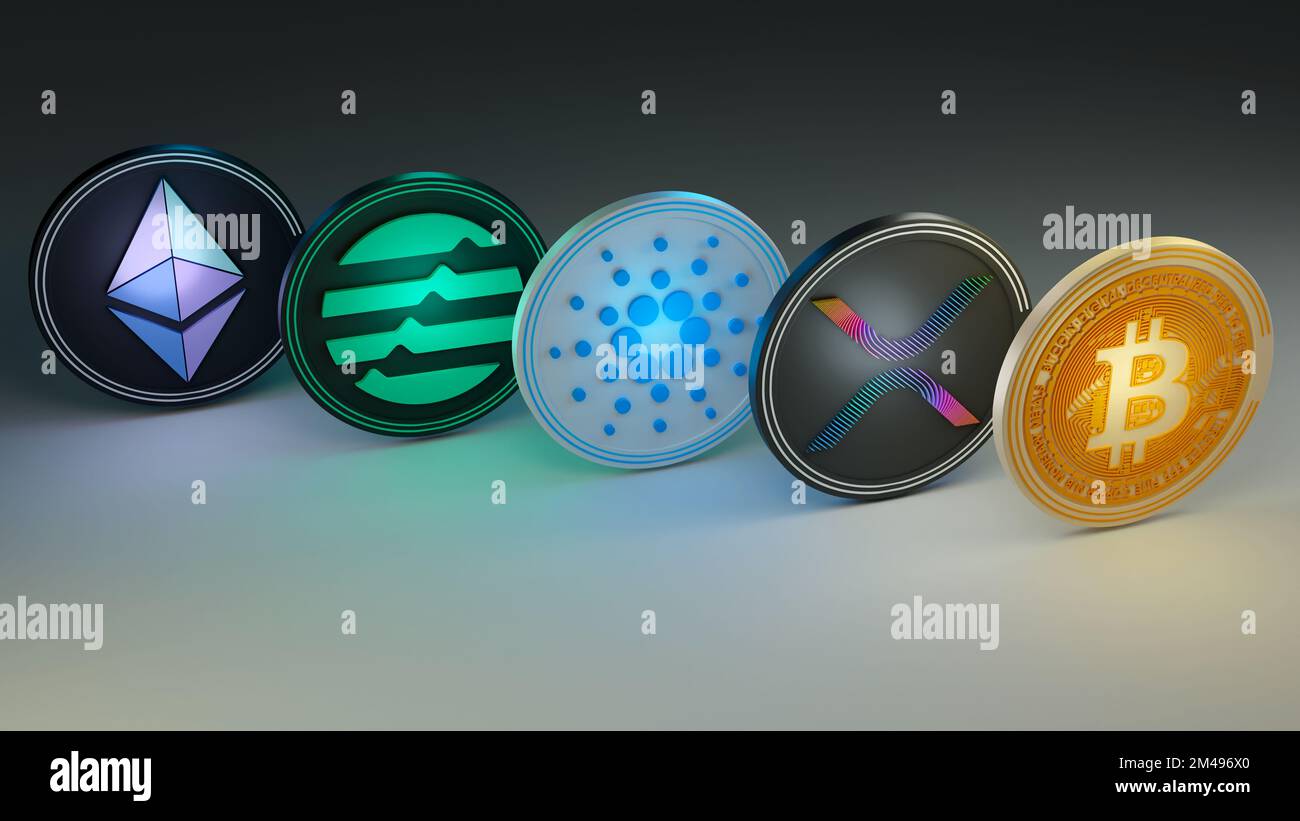 Ethereum, Aptos, Cardano, Ripple, gettone Bitcoin. Etere, apt, ada, xrp, btc Foto Stock