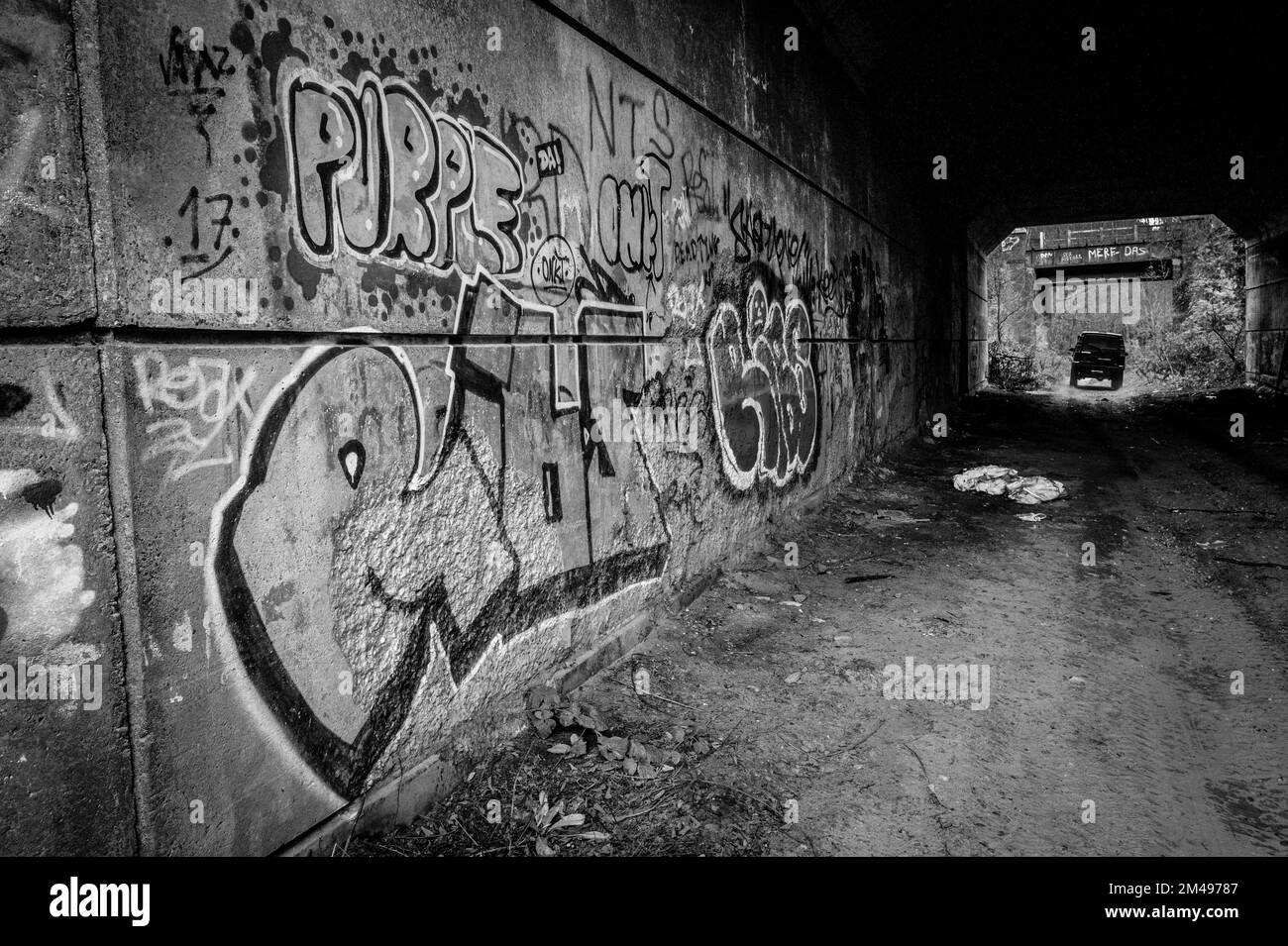 Muro graffiti e volate ribaltando all'interno di un tunnel di strada abbandonato. Foto Stock