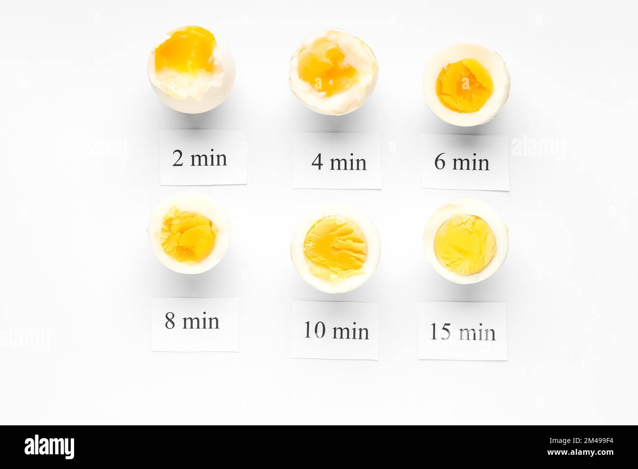 Tempi di cottura delle uova di pollo su sfondo bianco Foto Stock