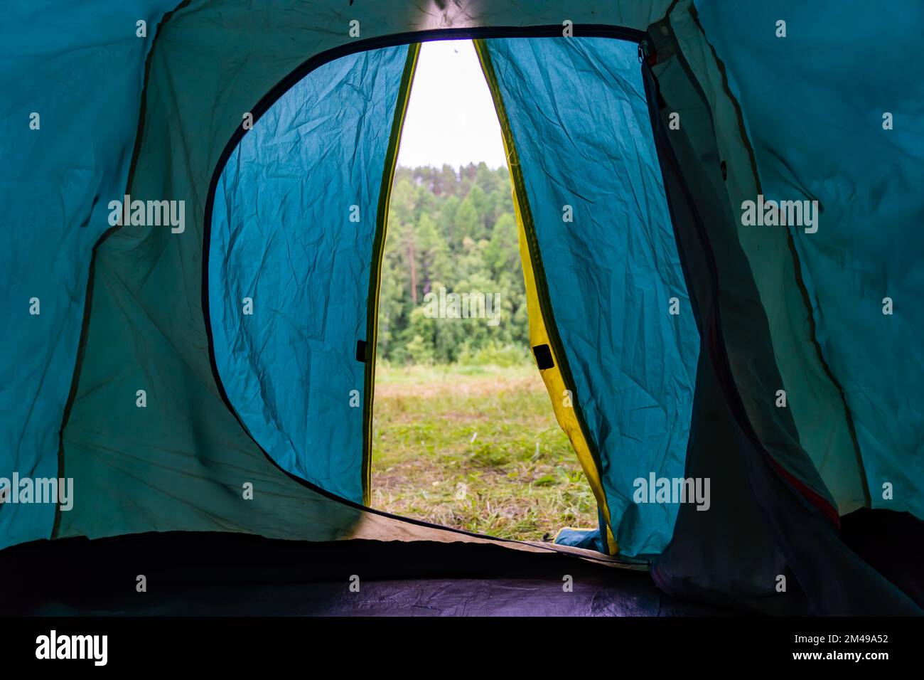Vista dalla tenda alla foresta. Il concetto di attività ricreative all'aperto. Foto Stock
