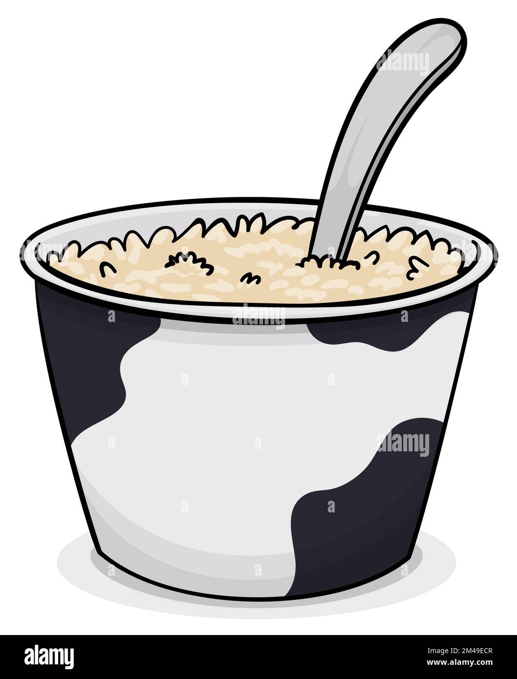 Ciotola che assomiglia a una consistenza di cappotto di mucca chiazzata, con un delizioso budino di riso con un cucchiaio, pronto per mangiarlo. Illustrazione Vettoriale