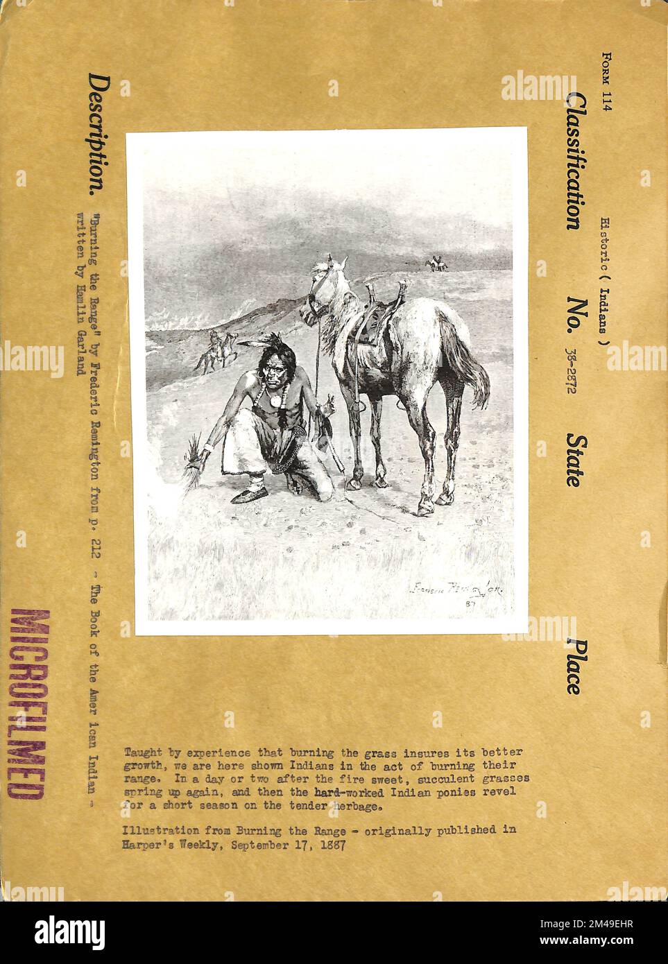 Bruciare il raggio d'azione. Didascalia originale: 'Burning the Range' di Frederic Remington da p. 212 - il Libro degli Indiani d'America - scritto da Hamlin Garland. Foto Stock