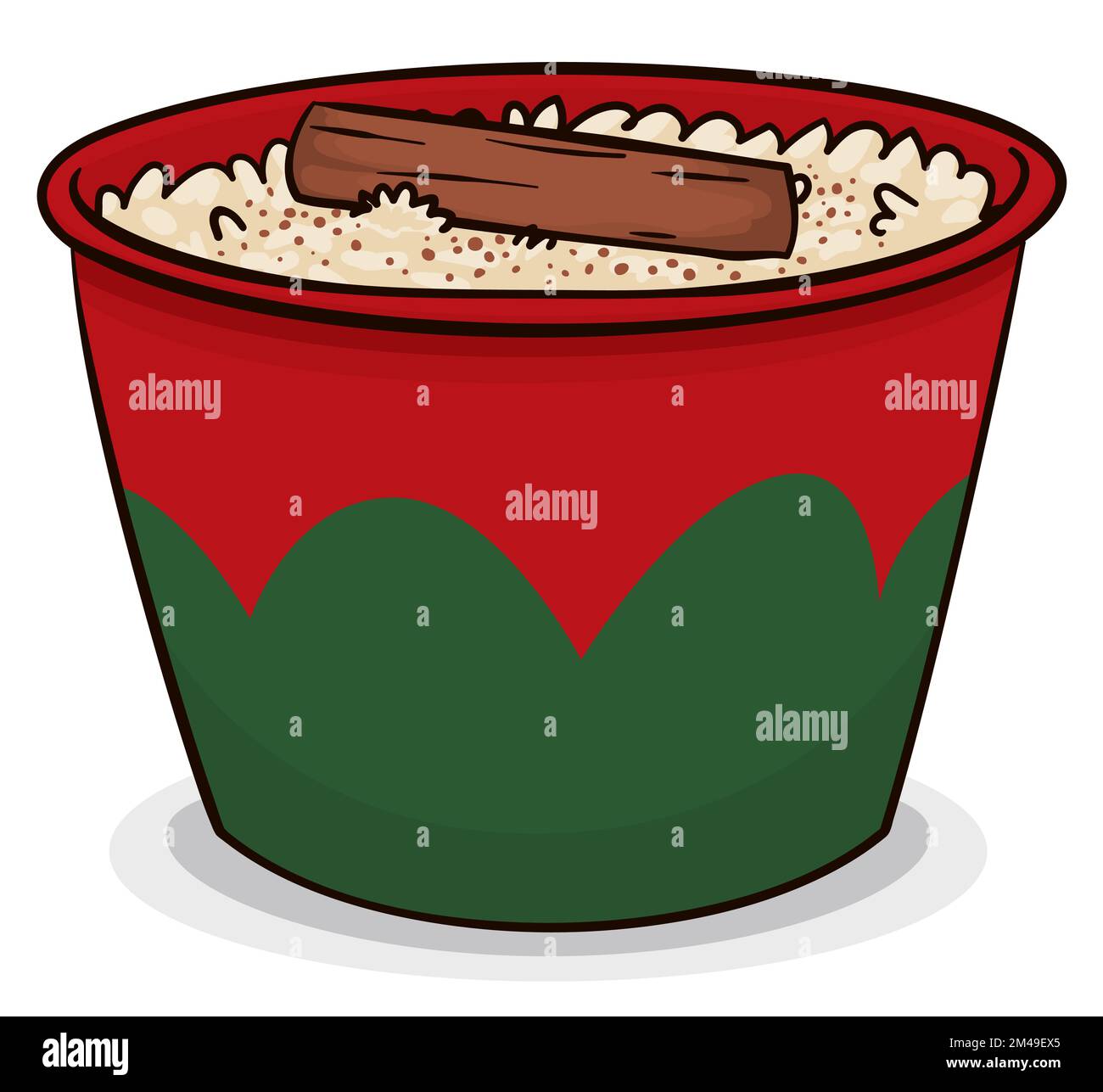 Delizioso budino di riso, insaporito con cannella e cacao in polvere servito in una ciotola con colori natalizi. Illustrazione Vettoriale