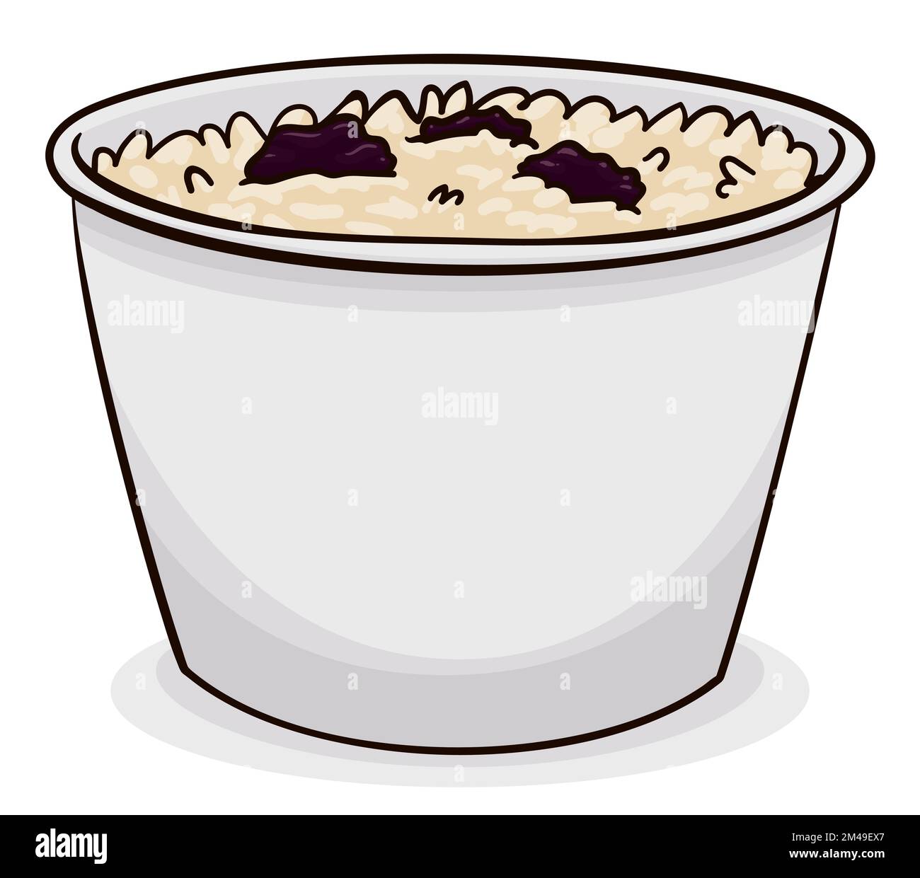 Ciotola con delizioso budino di riso con guarnizione di uvetta. Design in stile cartoon su sfondo bianco. Illustrazione Vettoriale