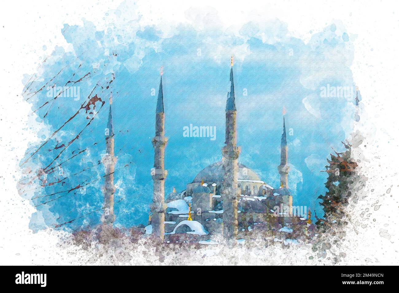 Acquerello arte Moschea blu minareti, Islam e religione concetto. Foto Stock