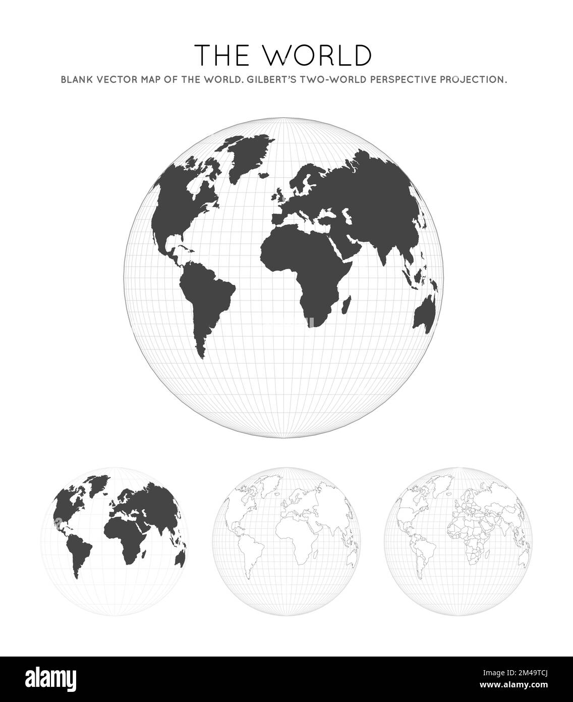 Mappa del mondo. La proiezione della prospettiva a due mondi di Gilbert. Globo con linee di latitudine e longitudine. Meridiani e paralleli. Illustrazione Vettoriale