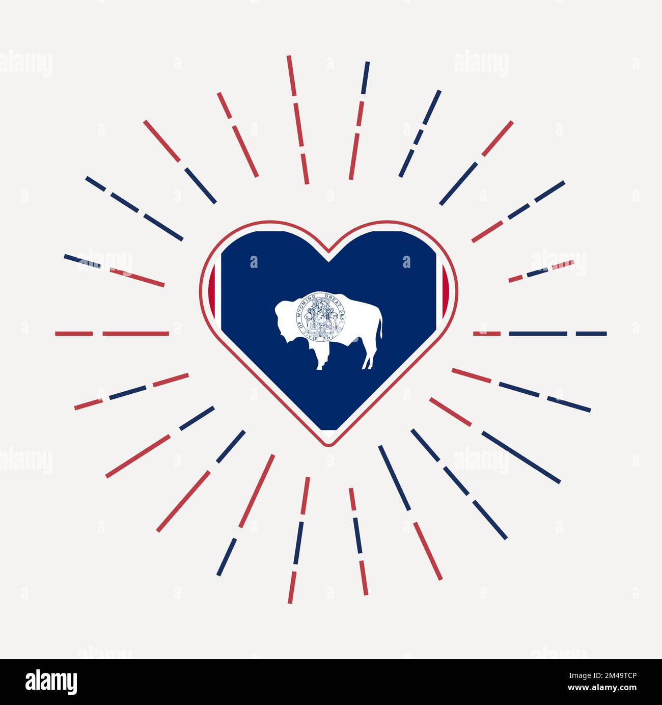 Cuore del Wyoming con bandiera dello stato americano. Sunburst intorno al Wyoming Heart Sign. Illustrazione vettoriale. Illustrazione Vettoriale