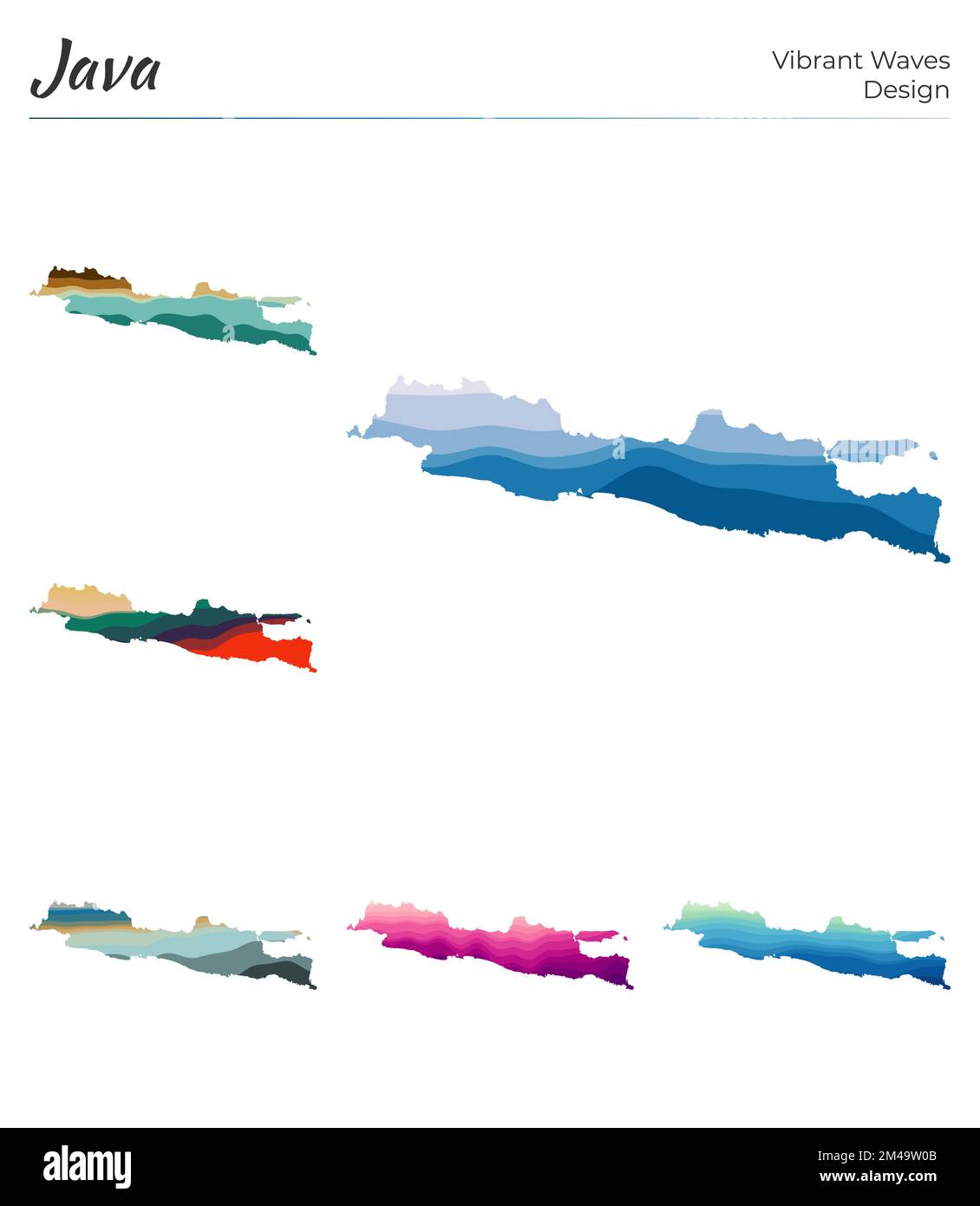 Set di mappe vettoriali di Java. Design dalle onde vibranti. Mappa luminosa dell'isola in stile geometrico con curve lisce. Mappa Java multicolore per il vostro progetto. Illustrazione Vettoriale