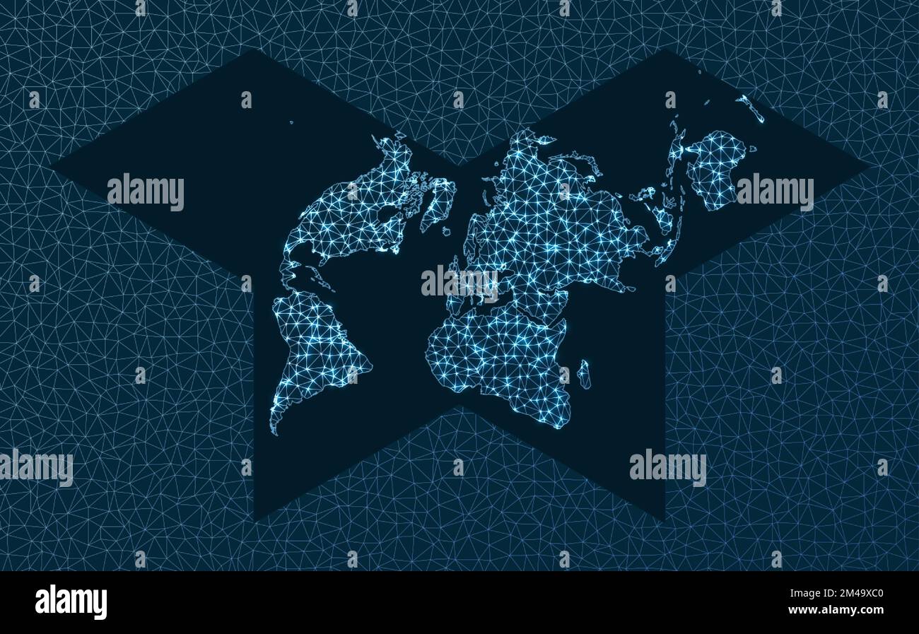 Mappa di Internet e connessioni globali. Proiezione Collignon poliedrica. Rete mondiale. Elegante mappa delle connessioni. Illustrazione vettoriale. Illustrazione Vettoriale