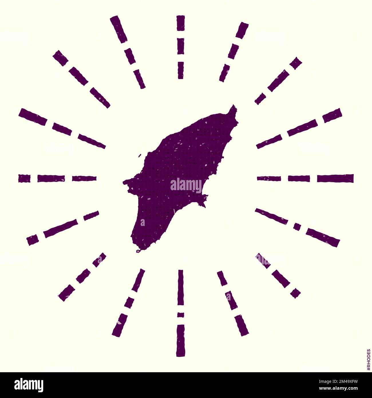 Logo Rhodes. Grunge sunburst poster con mappa dell'isola. Forma di Rodi piena di cifre esadecimali con raggi di sole intorno. Vettore artistico illustra Illustrazione Vettoriale