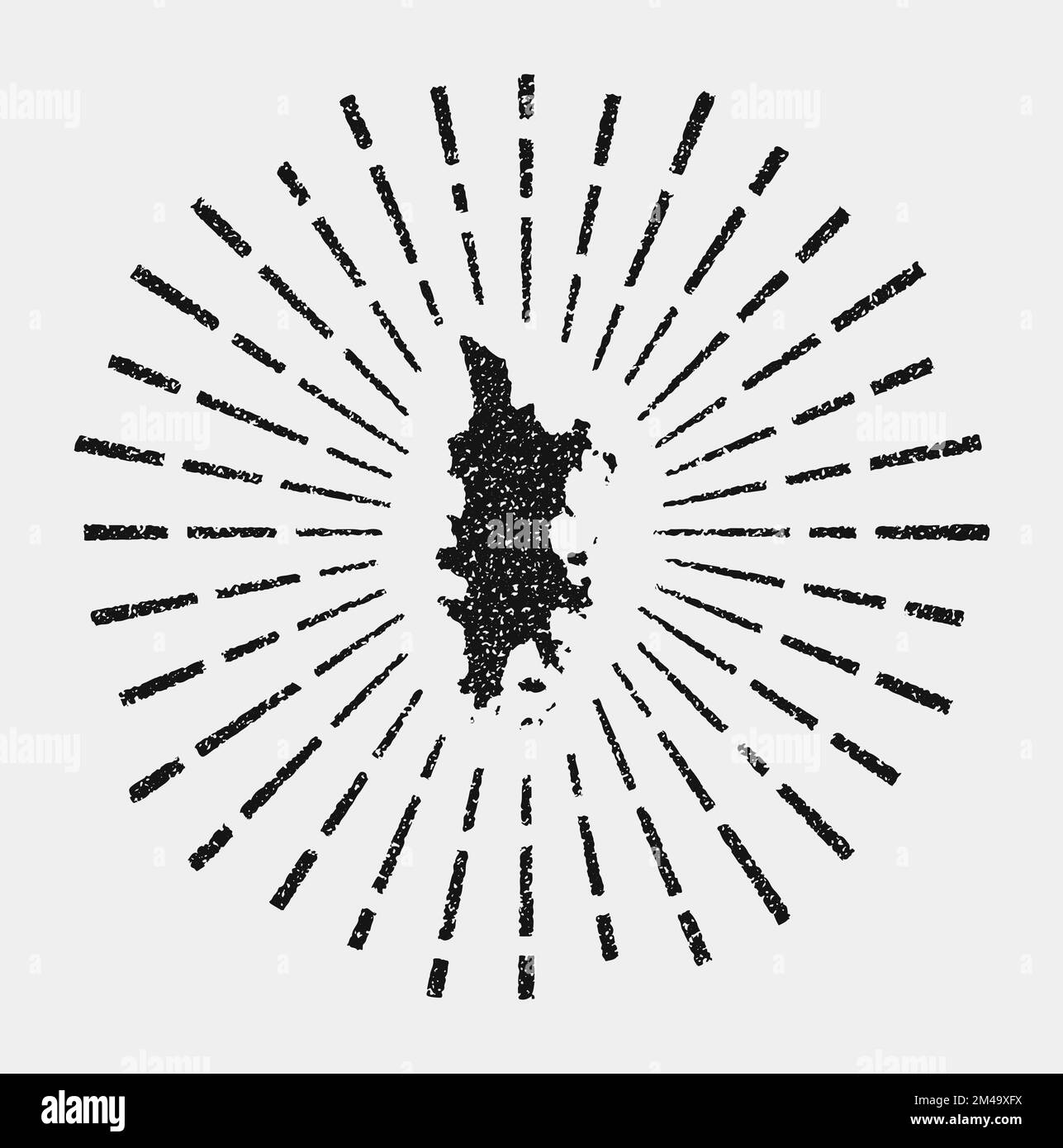 Mappa vintage di Phuket. Il sole grunge scoppiò intorno all'isola. A forma di Phuket nera con raggi del sole su sfondo bianco. Illustrazione vettoriale. Illustrazione Vettoriale