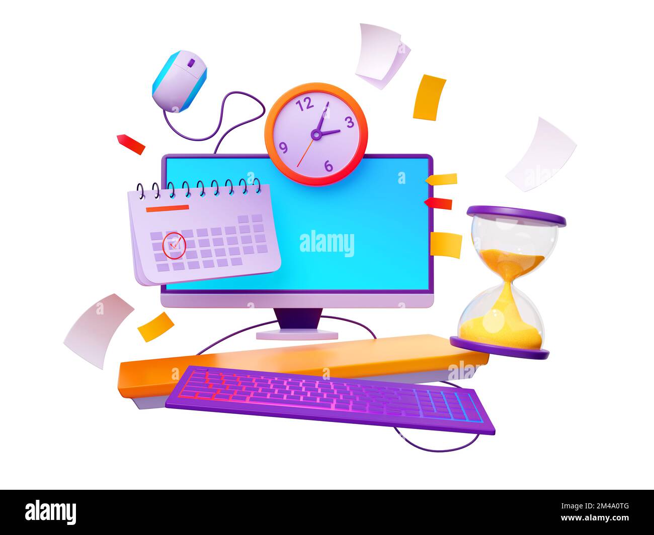 Concetto di scadenza del lavoro. 3D illustrazione di computer desktop,  orologio, data contrassegnata nel calendario con