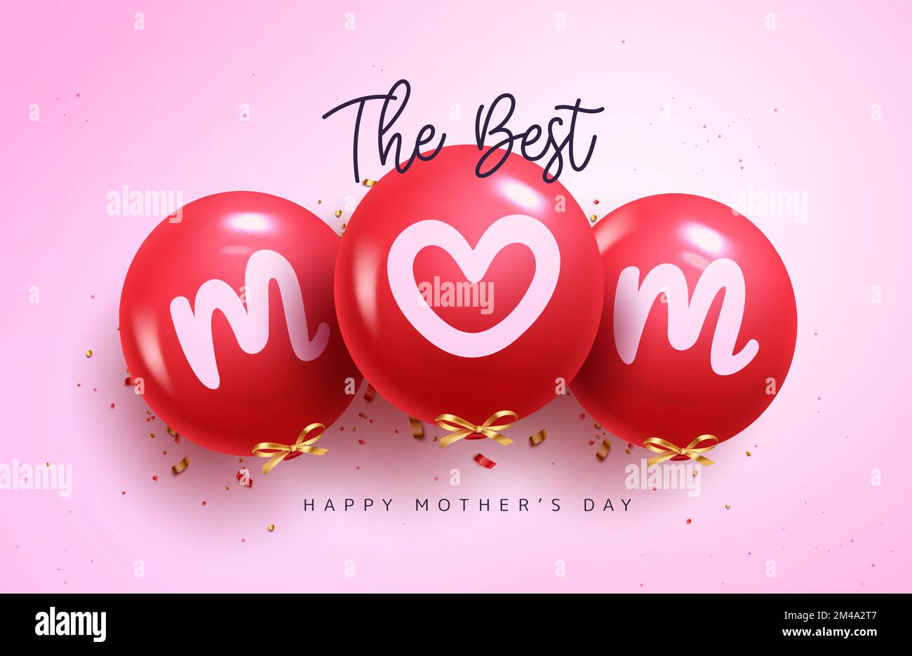 Disegno vettoriale dei palloncini del giorno della madre. Il miglior testo mom in palloncino gonfiabile rosso per la mummia e le donne celebrazione in sfondo rosa. Illustrazione Vettoriale