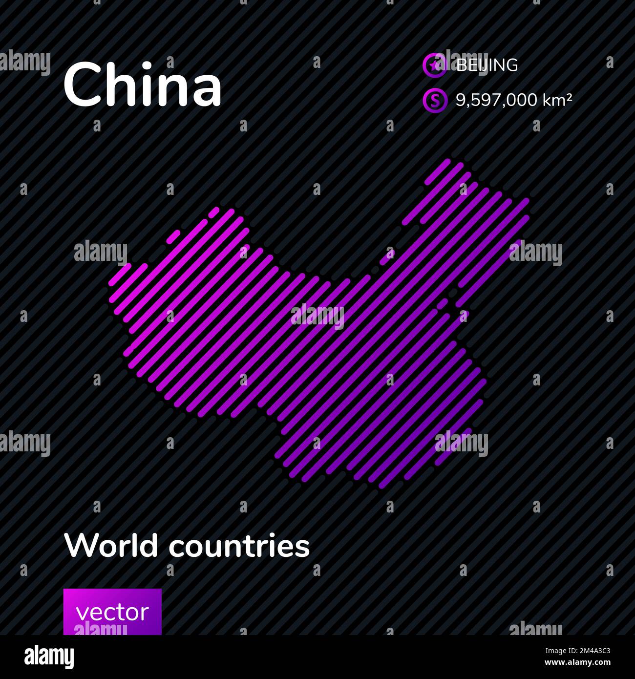 Mappa della Cina. Vettore creativo digitale neon linea piatta arte astratta semplice mappa con righe viola, viola, rosa su sfondo nero. Istruzione b Illustrazione Vettoriale