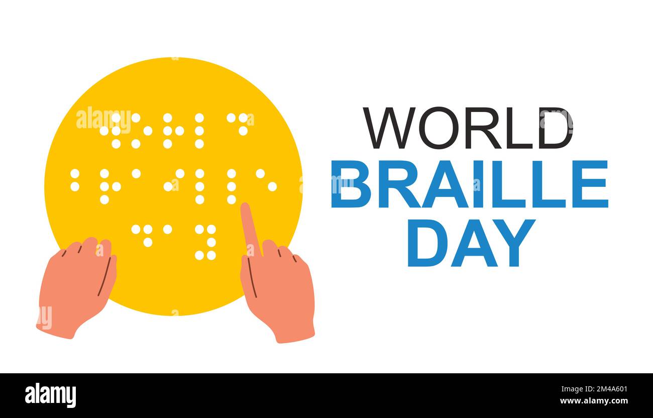 Giornata mondiale del braille. Alfabeto per non vedenti, lettura di segnali in codice braille. 4 Gennaio simbolo vettoriale piatto. Illustrazione Vettoriale