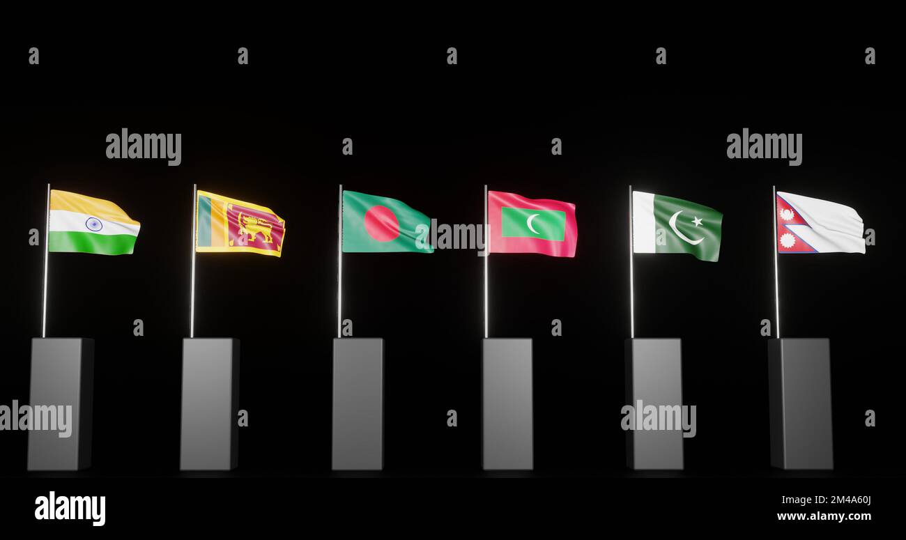 Immagine illustrazione onda bandiera del paese dell'asia meridionale, immagine illustrazione paese asiatico 3D sfondo nero isolato Foto Stock