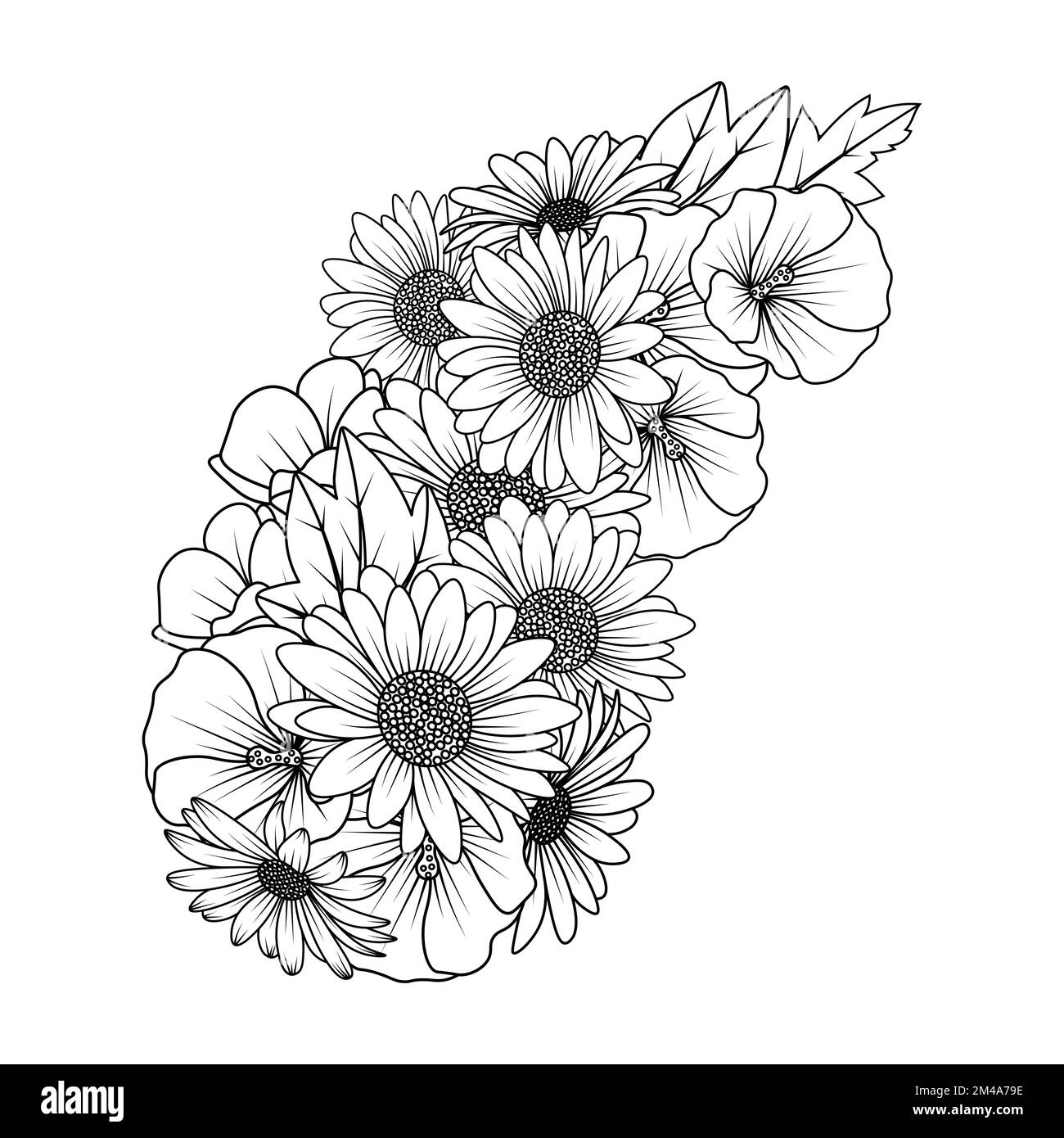 daisy e hollyhock fiore zen doodle art design in dettaglio clip art grafica vettoriale Illustrazione Vettoriale