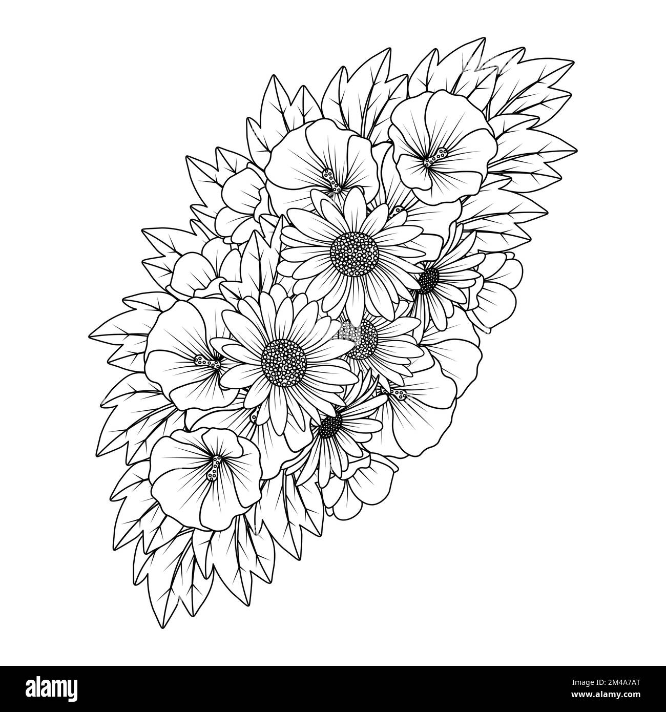 daisy e hollyhock fiore zen doodle art design in dettaglio clip art grafica vettoriale Illustrazione Vettoriale