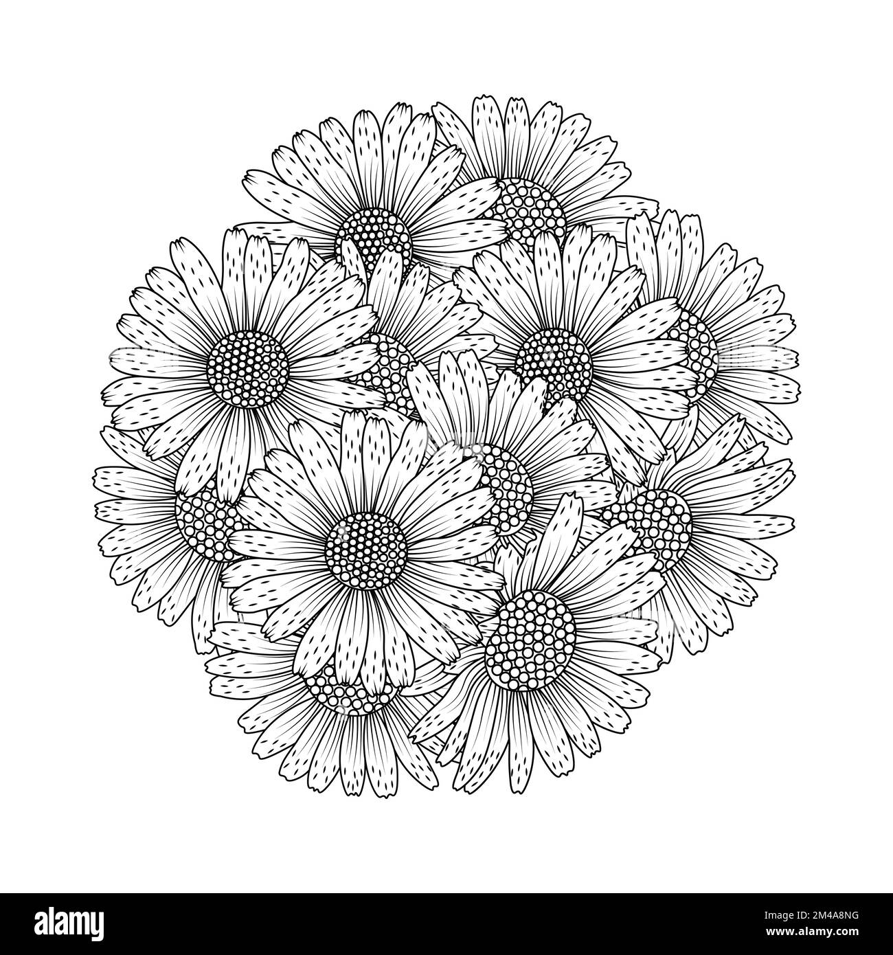 pagina da colorare con disegno daisy flower con disegno doodle art in grafica vettoriale dettagliata line art Illustrazione Vettoriale