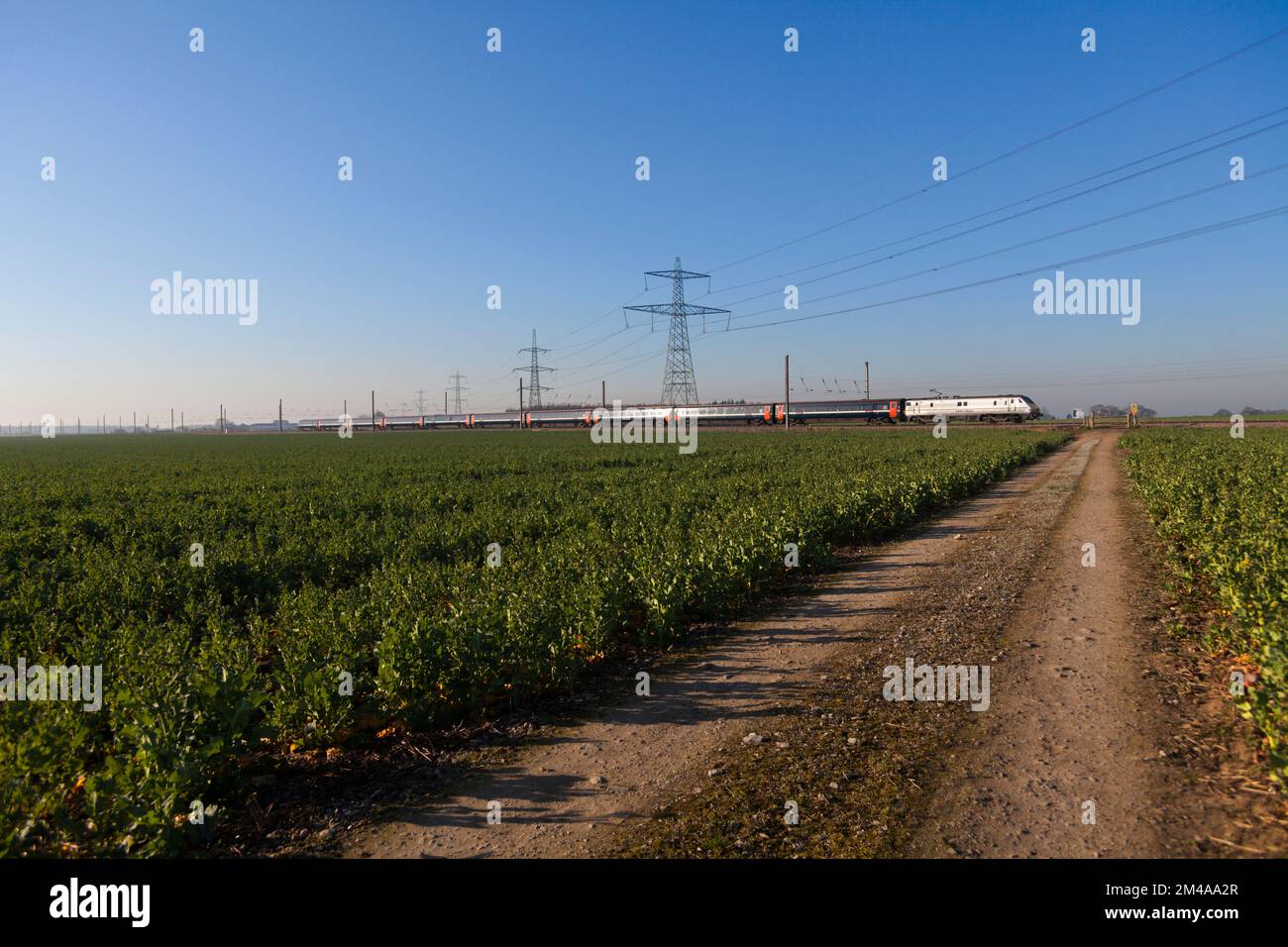 Una locomotiva di classe 91 della costa orientale e Intercity 225 passano Sessay sulla linea principale della costa orientale quando la concessione della costa orientale è stata gestita pubblicamente Foto Stock