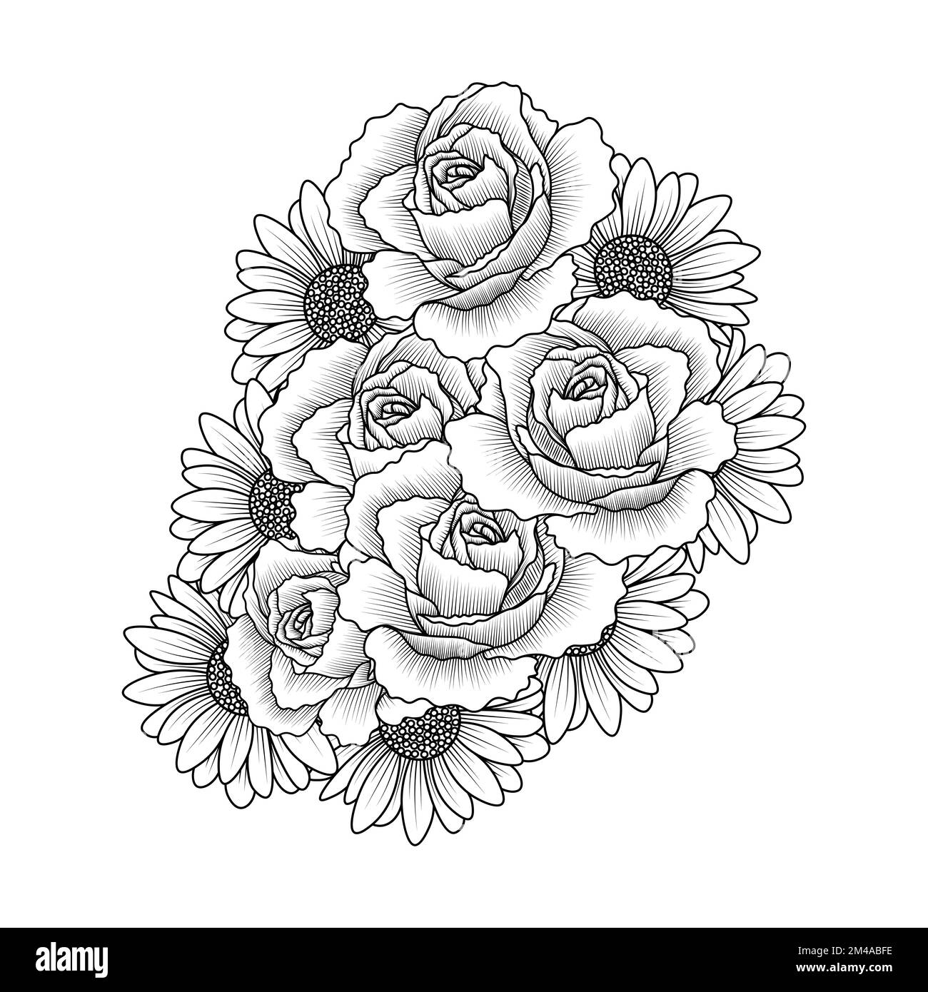 fiore daisy e fiore di rosa adulto colorazione libro disegno pagina di clip art vettore Illustrazione Vettoriale
