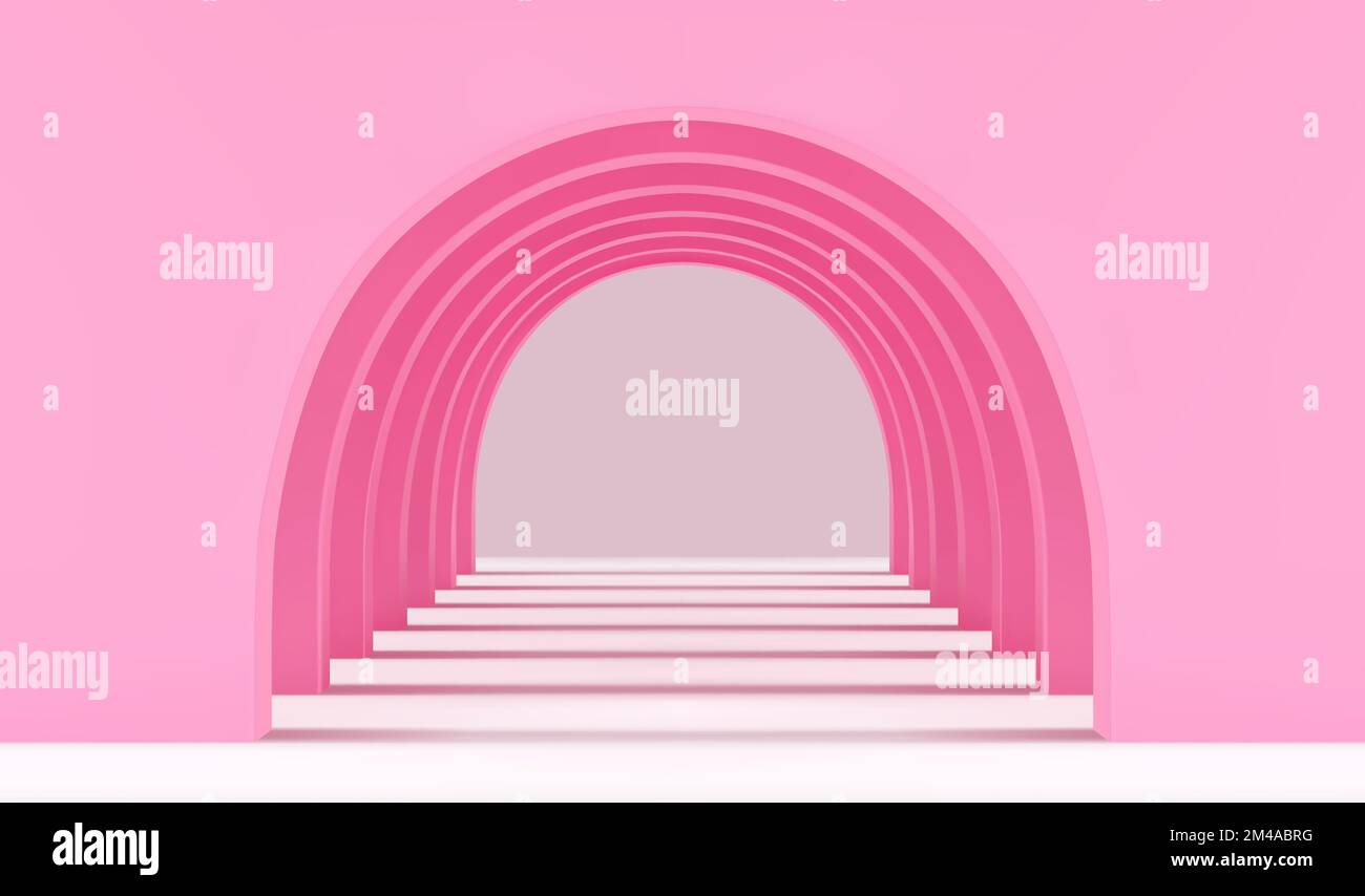 Corridoio vuoto rosa di diversi archi rotondi in prospettiva con ombre Illustrazione Vettoriale