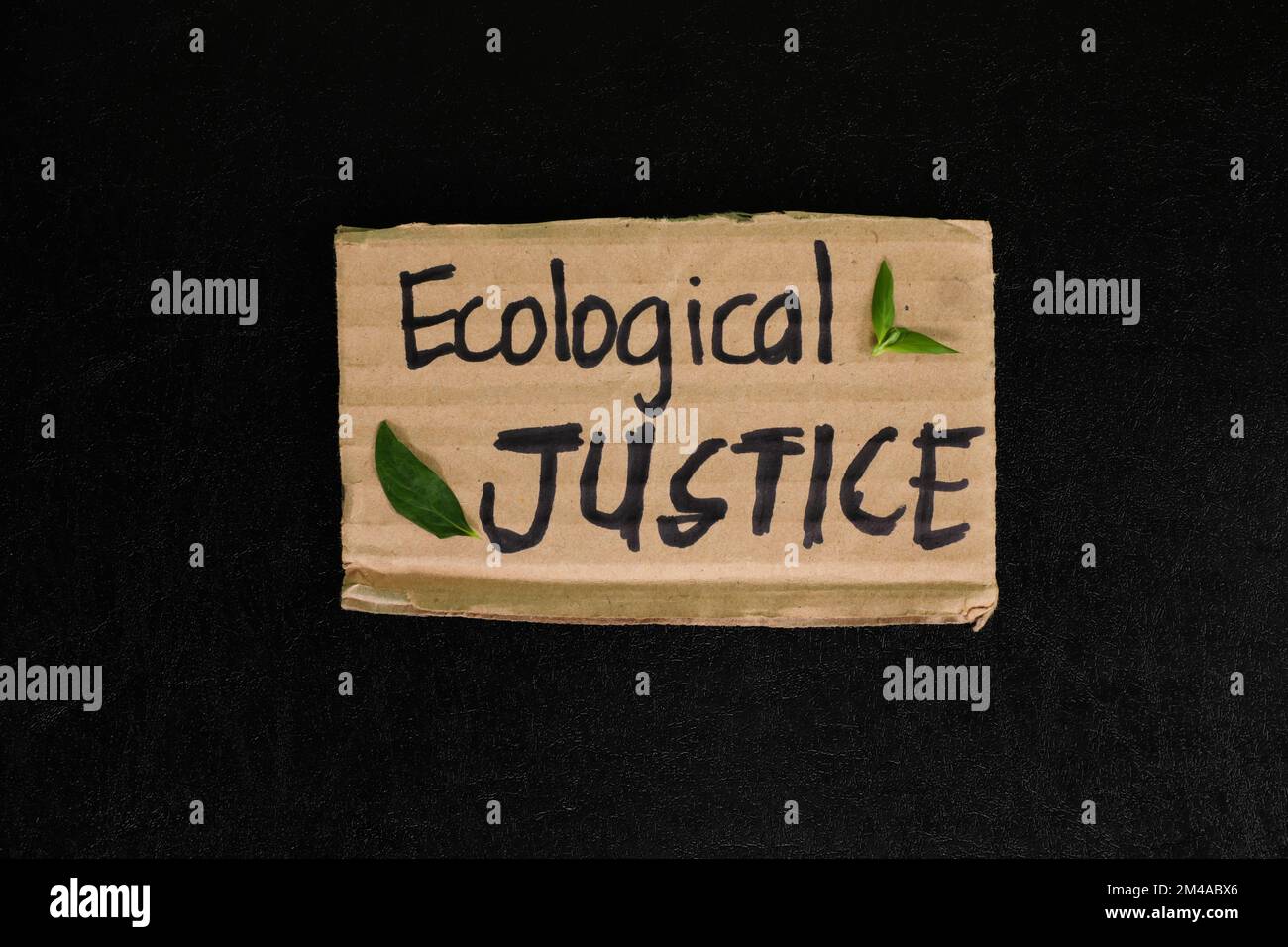 Concetto di giustizia ecologica. Cartellone con messaggio scritto a mano su sfondo nero scuro. Foto Stock