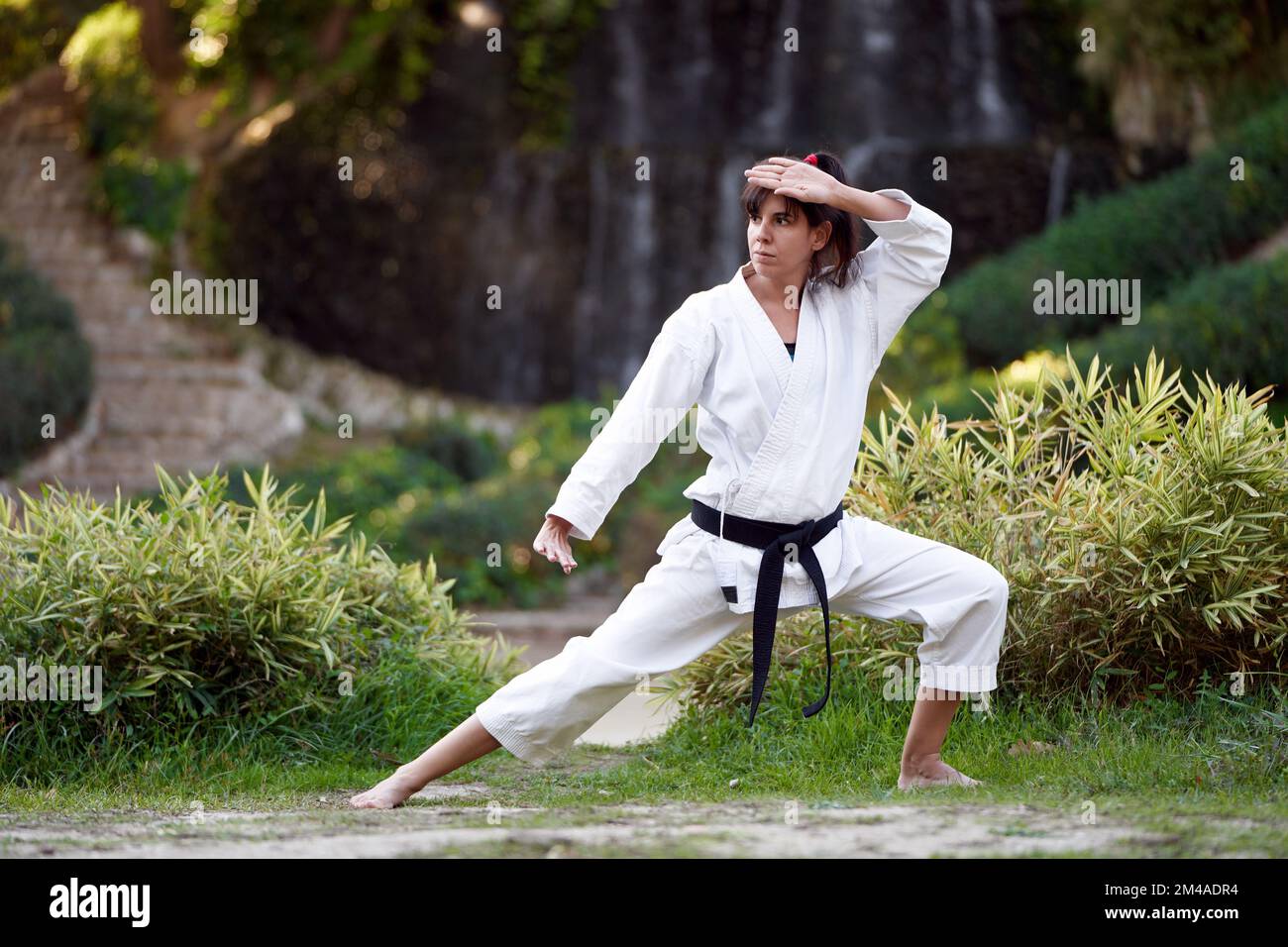 Donna in kimono bianco con cintura nera pratica karate all'aperto in  natura. Concetto di sport e arti marziali Foto stock - Alamy