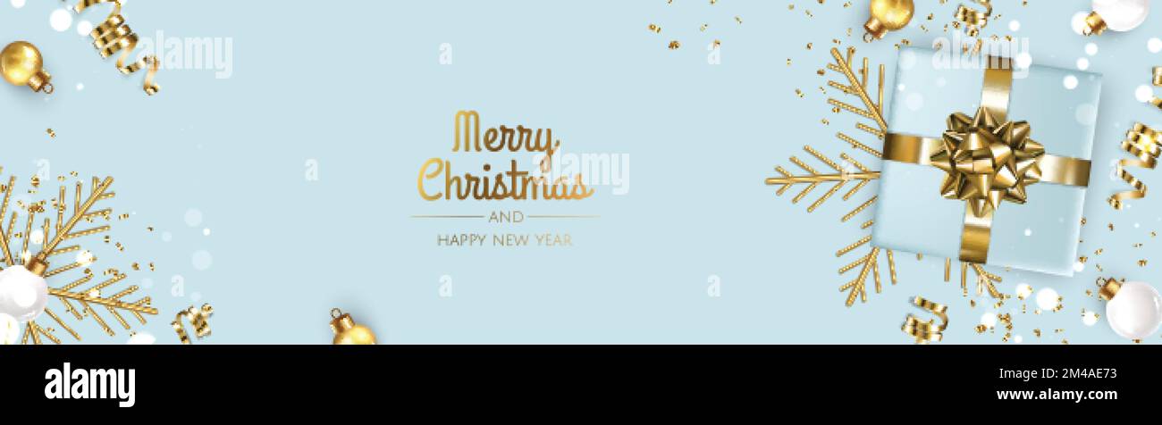 Buon Natale e Felice Anno Nuovo. Sfondo xmas con poinsettia, Snowflakes, stella e palline design. Illustrazione Vettoriale