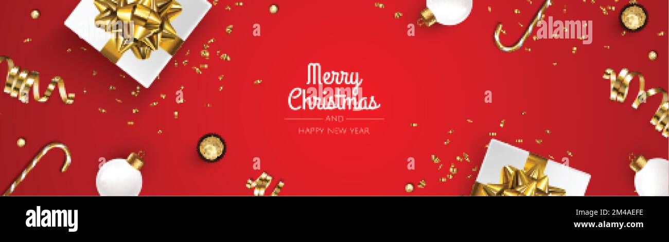 Buon Natale e Felice Anno Nuovo. Sfondo xmas con poinsettia, Snowflakes, stella e palline design. Illustrazione Vettoriale