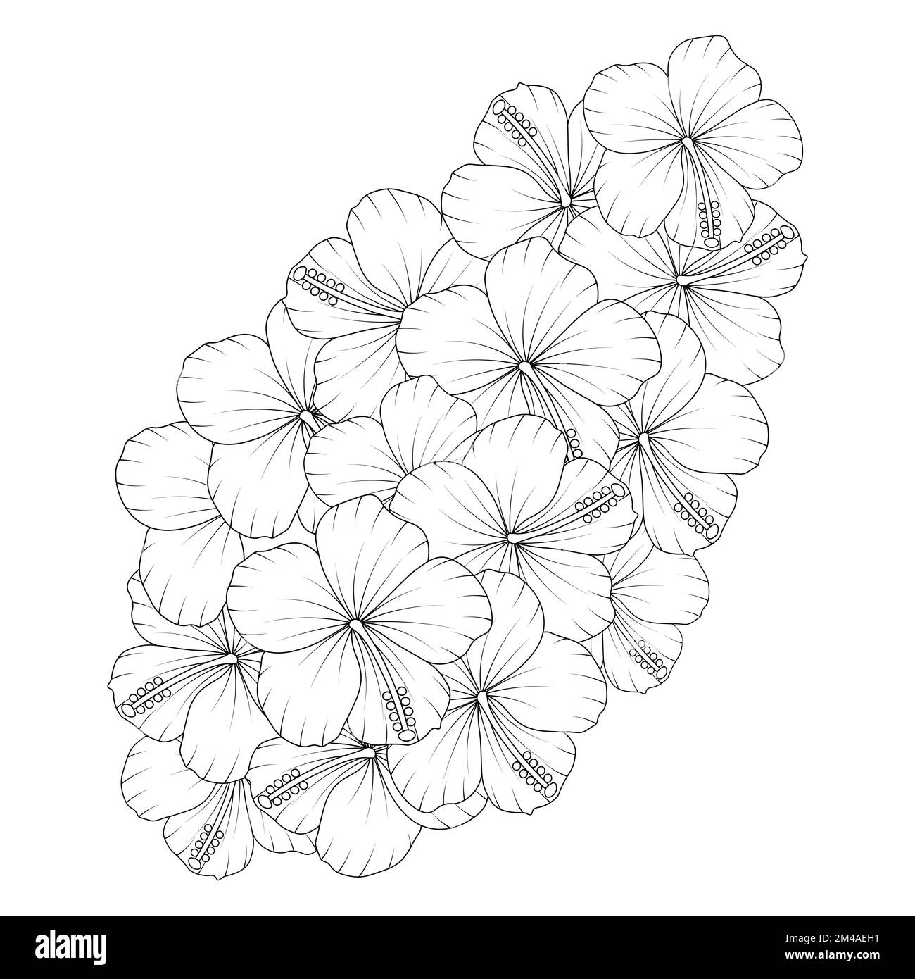 fiore di hibiscus petalo fiorente e foglie con pianta di ibisco di linea di fiori selvatici art stroke design Illustrazione Vettoriale