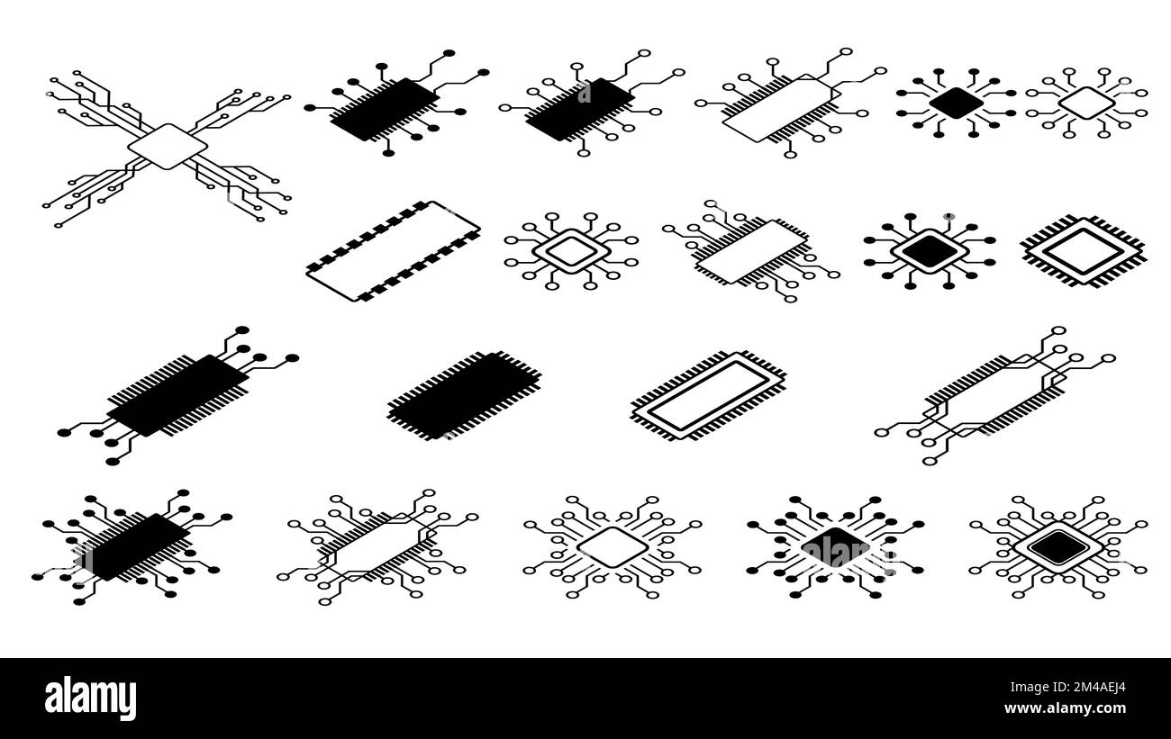 Set isometrico di semplici chip schematici e componenti per microcircuiti isolati su sfondo bianco. Clipart tecnica. Elemento di disegno vettoriale. Illustrazione Vettoriale