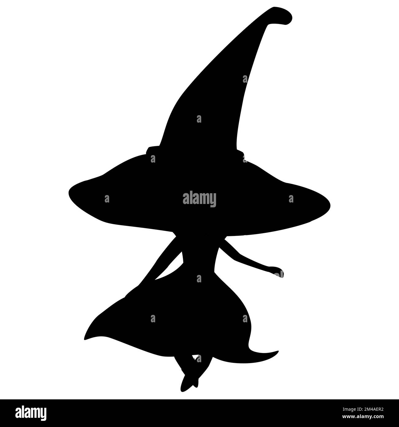 Silhouette nera di strega in abito e mantello con grande cappello strega isolato su sfondo bianco. Elemento di disegno vettoriale. Illustrazione Vettoriale
