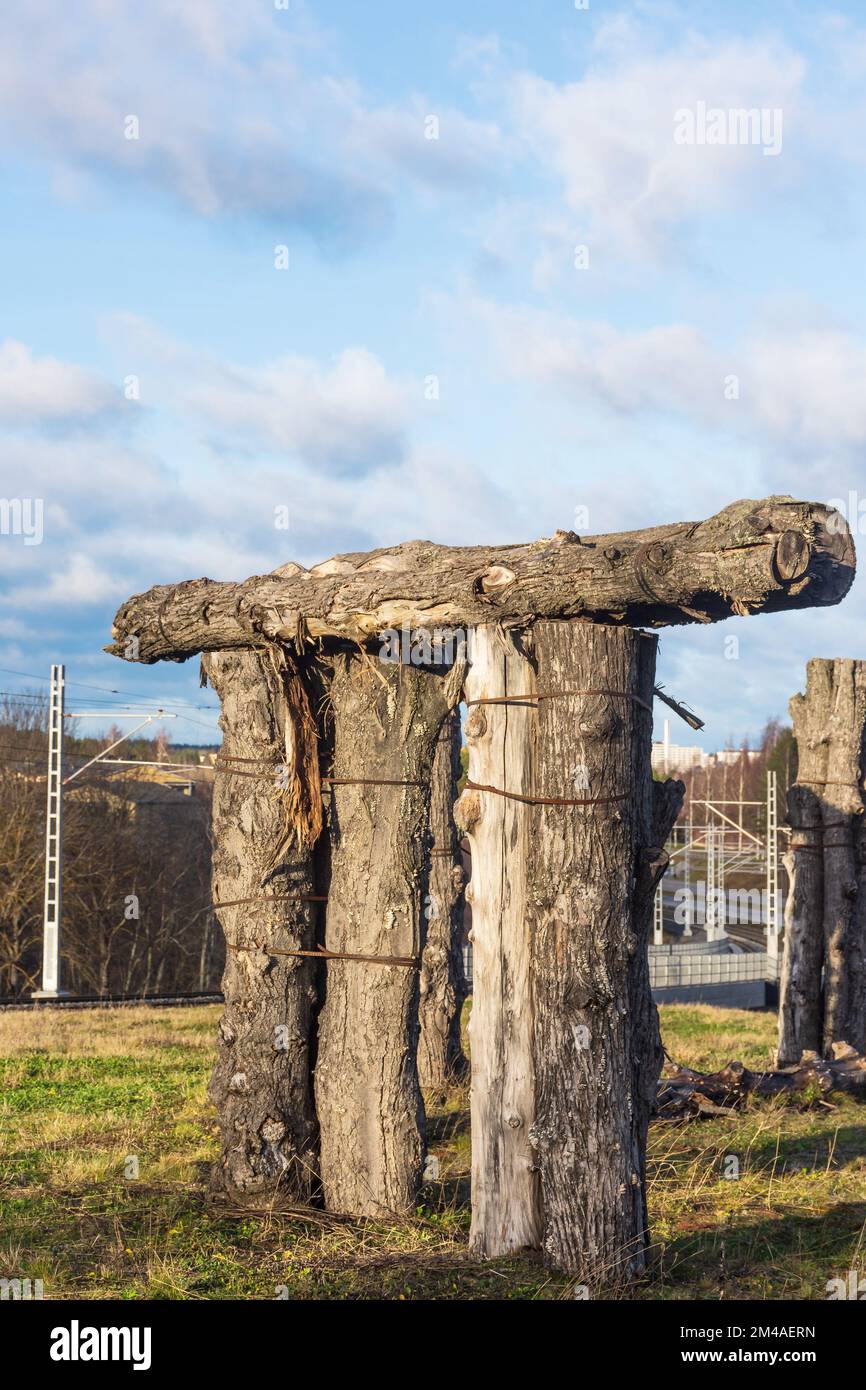 Woodhenge è una costruzione di legno marciume per insetti e insetti su una collina in tram a Tampere, Finlandia Foto Stock